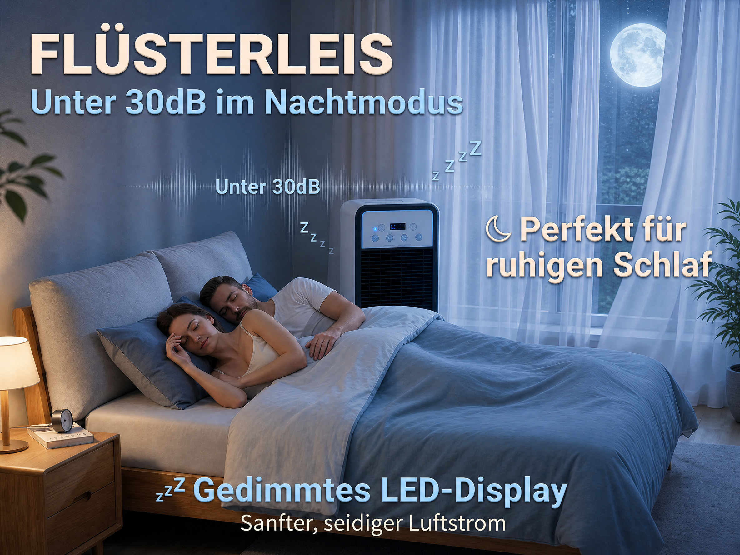 Ein Paar schläft im Dunkeln unter einer Decke, ein Luftkühler steht daneben.