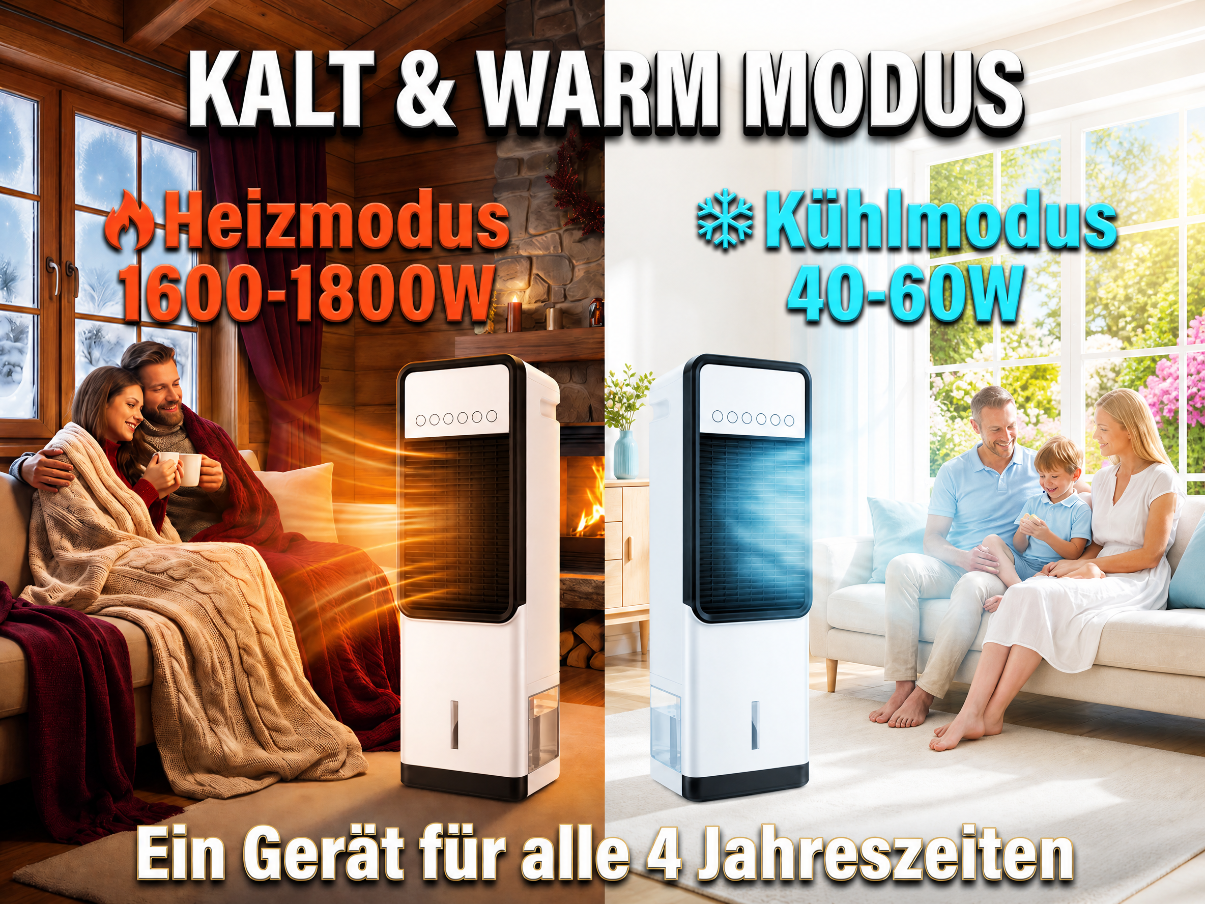 Gerät mit Heiz- und Kühlmodus, Familie im Winter und Sommer.