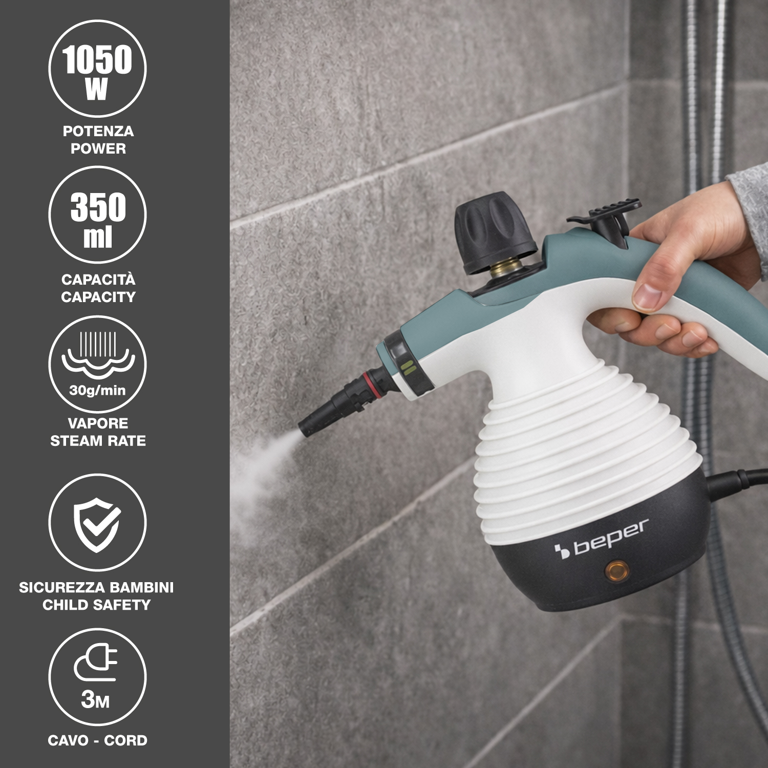 Pulitore a vapore portatile 1050W, 350ml capacità, 30g/min vapore, sicurezza bambini e cavo 3m.