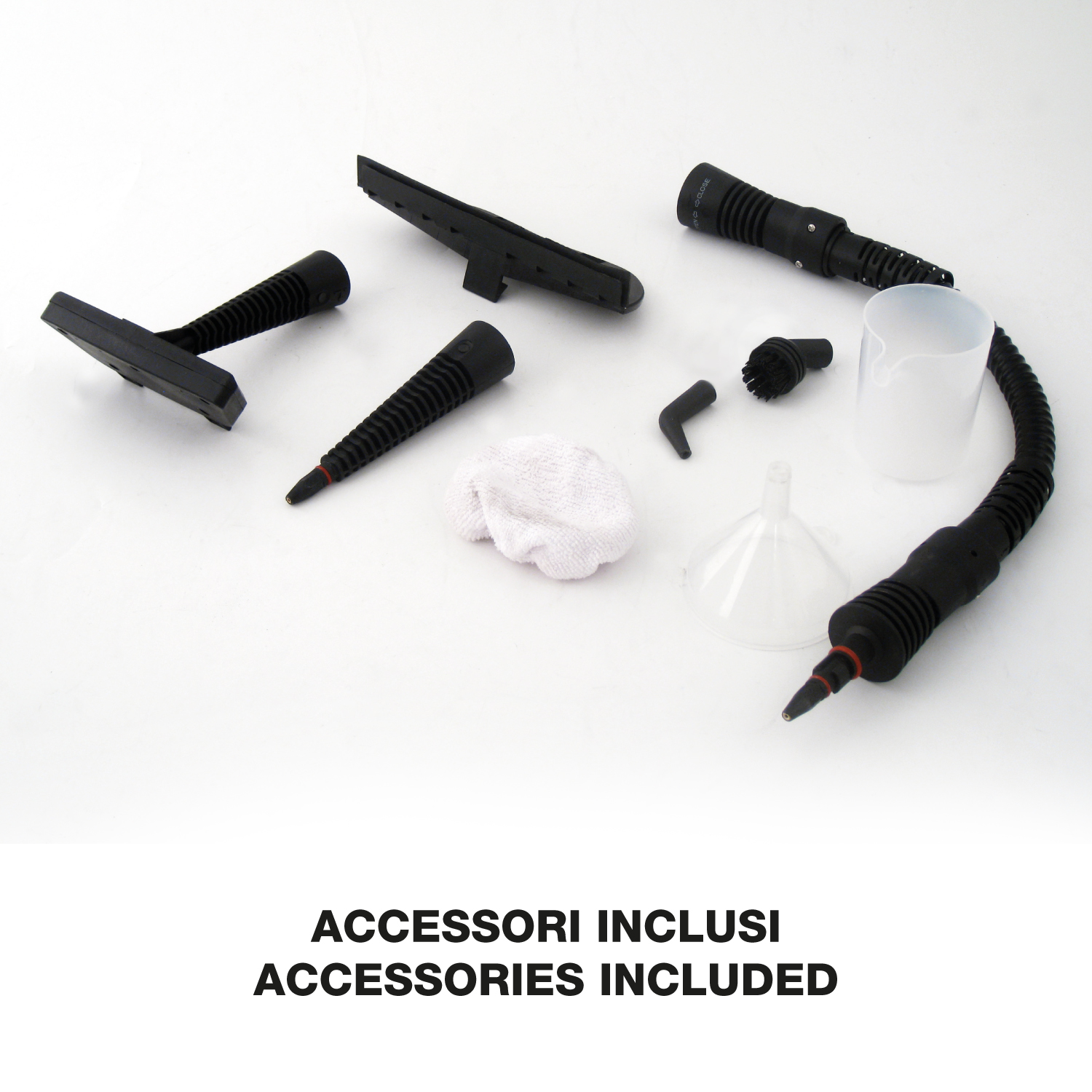 Accessori per pulitore a vapore: ugelli, spazzole, imbuto, panno e misurino.