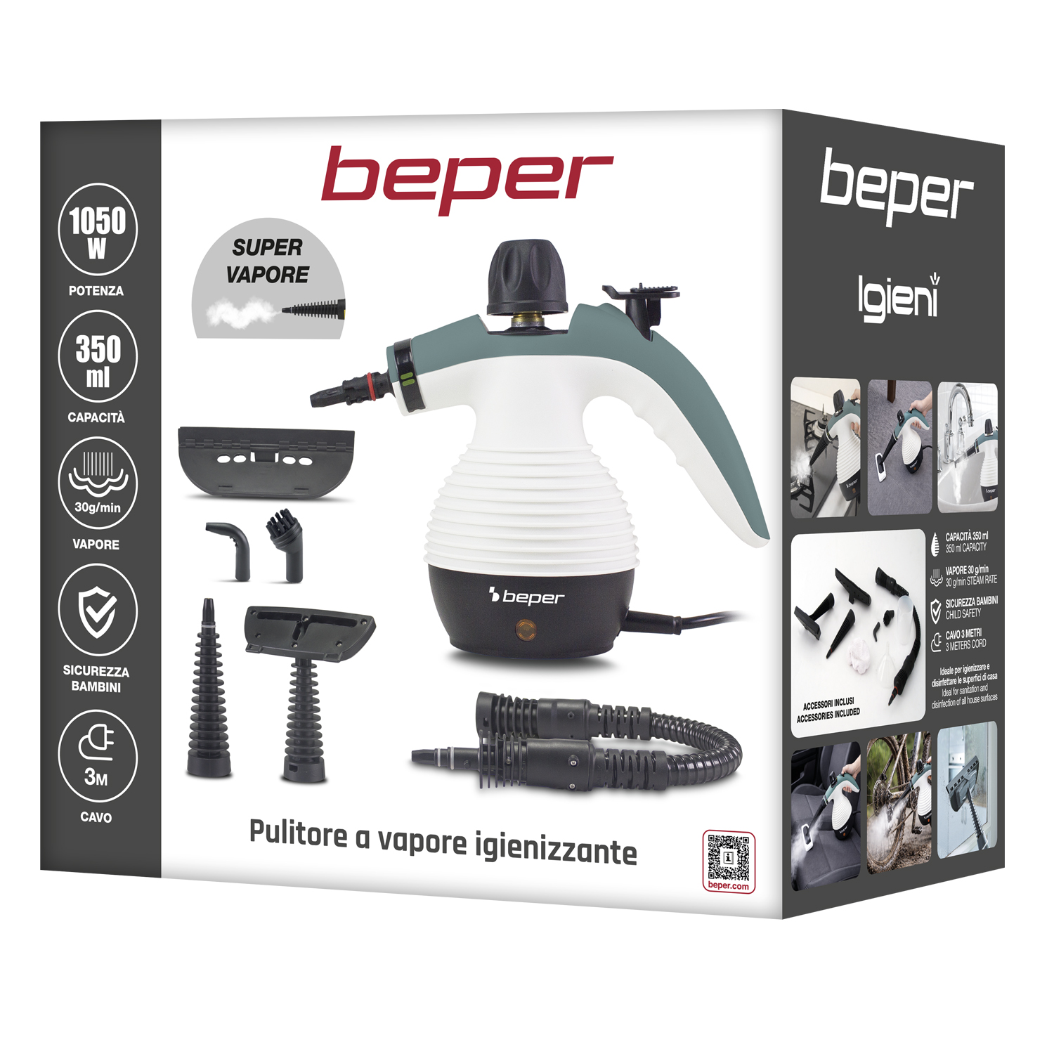 Pulitore a vapore Beper con accessori: 1050W, 350ml, cavo 3m, sicurezza bambini.