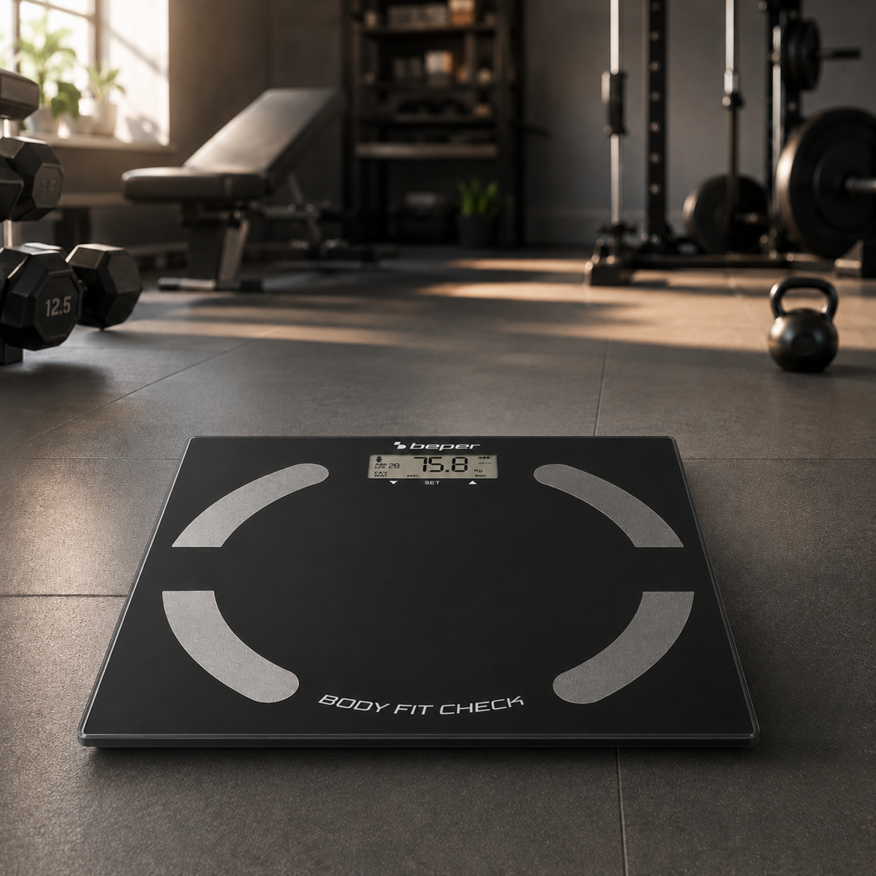 Una bilancia pesapersone nera con display si trova su un pavimento scuro in una palestra.
