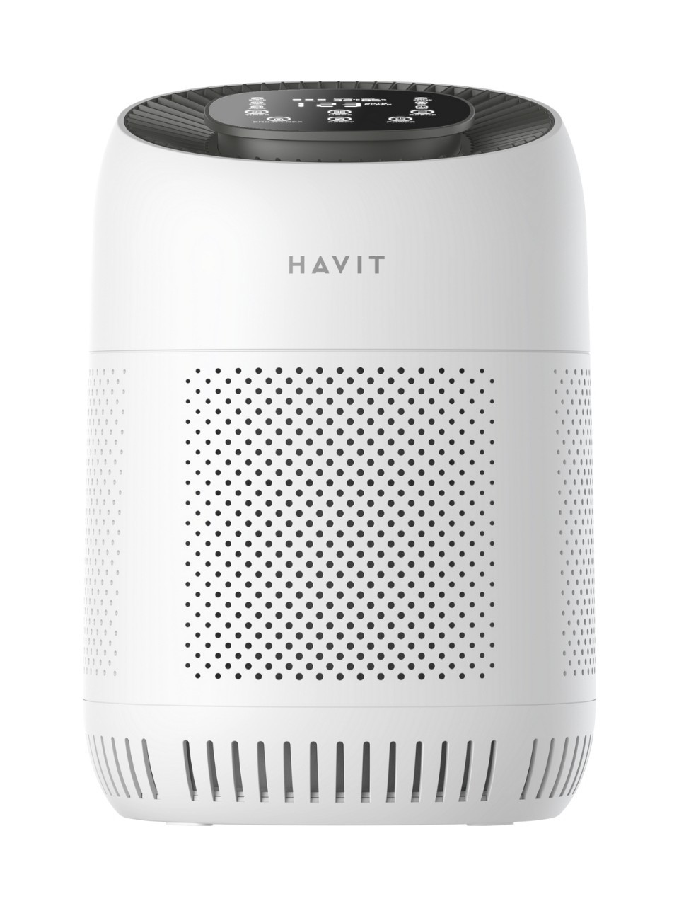 Siyah üst ekranlı ve delikli yanlara sahip beyaz bir Havit hava temizleyici.