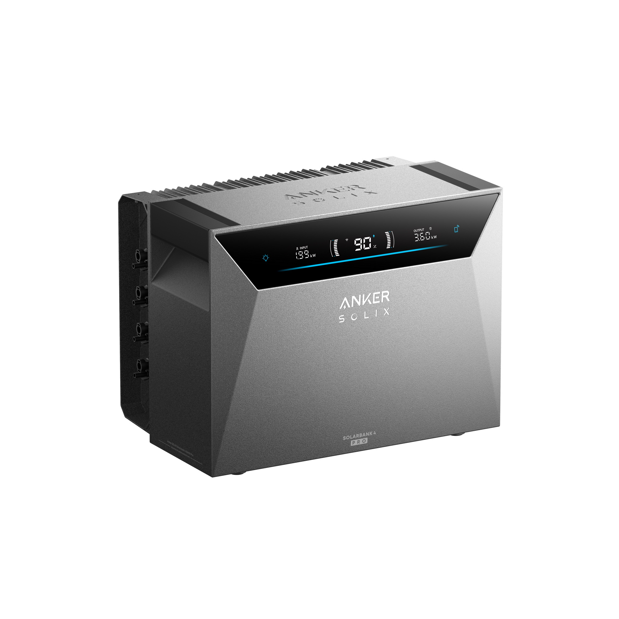 Gray Anker Solix Solarbank Pro with digital display for input and output.