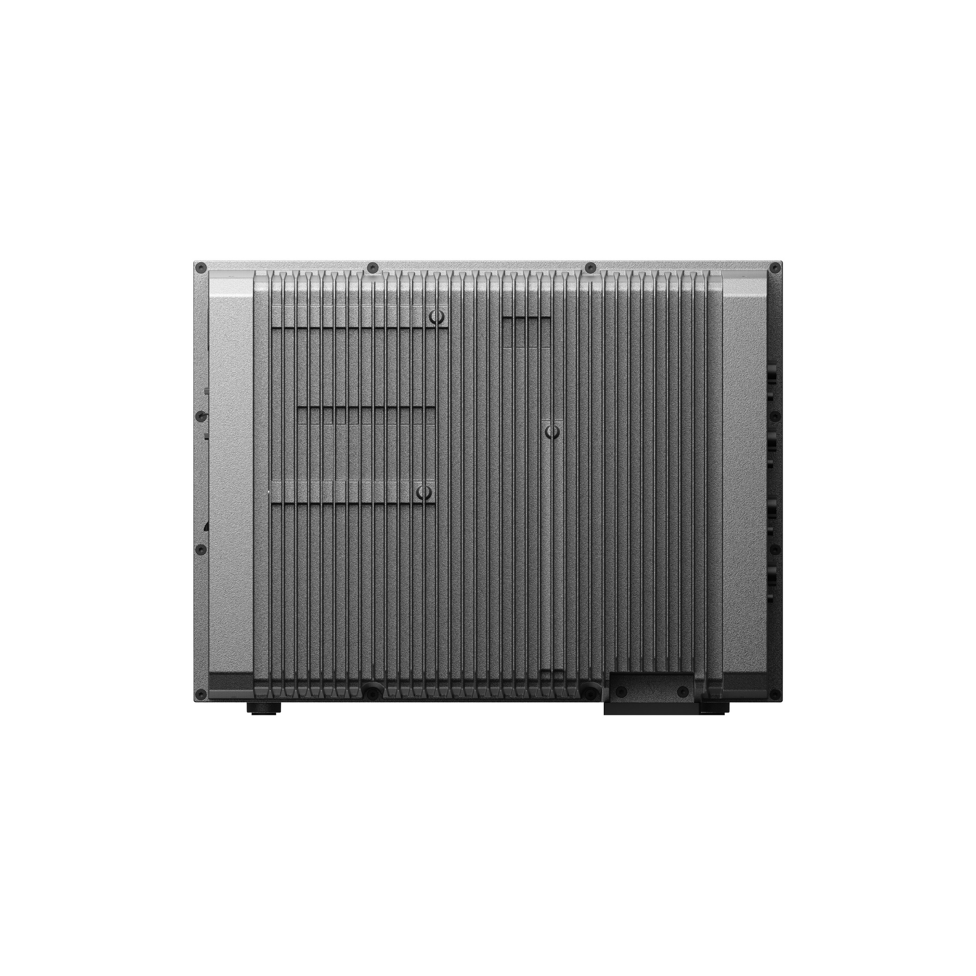 Rear view of a gray device with cooling fins and screws.