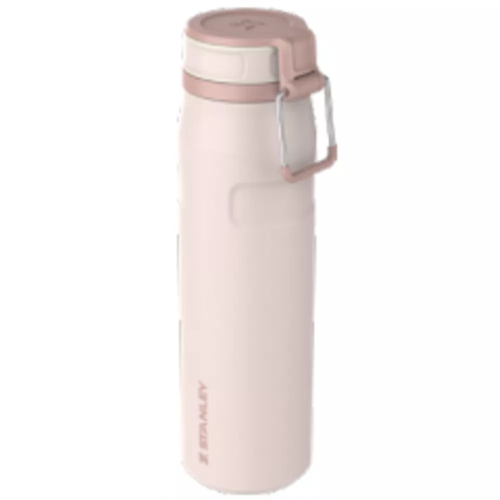 Gümüş saplı ve beyaz kapaklı açık pembe Stanley su şişesi.