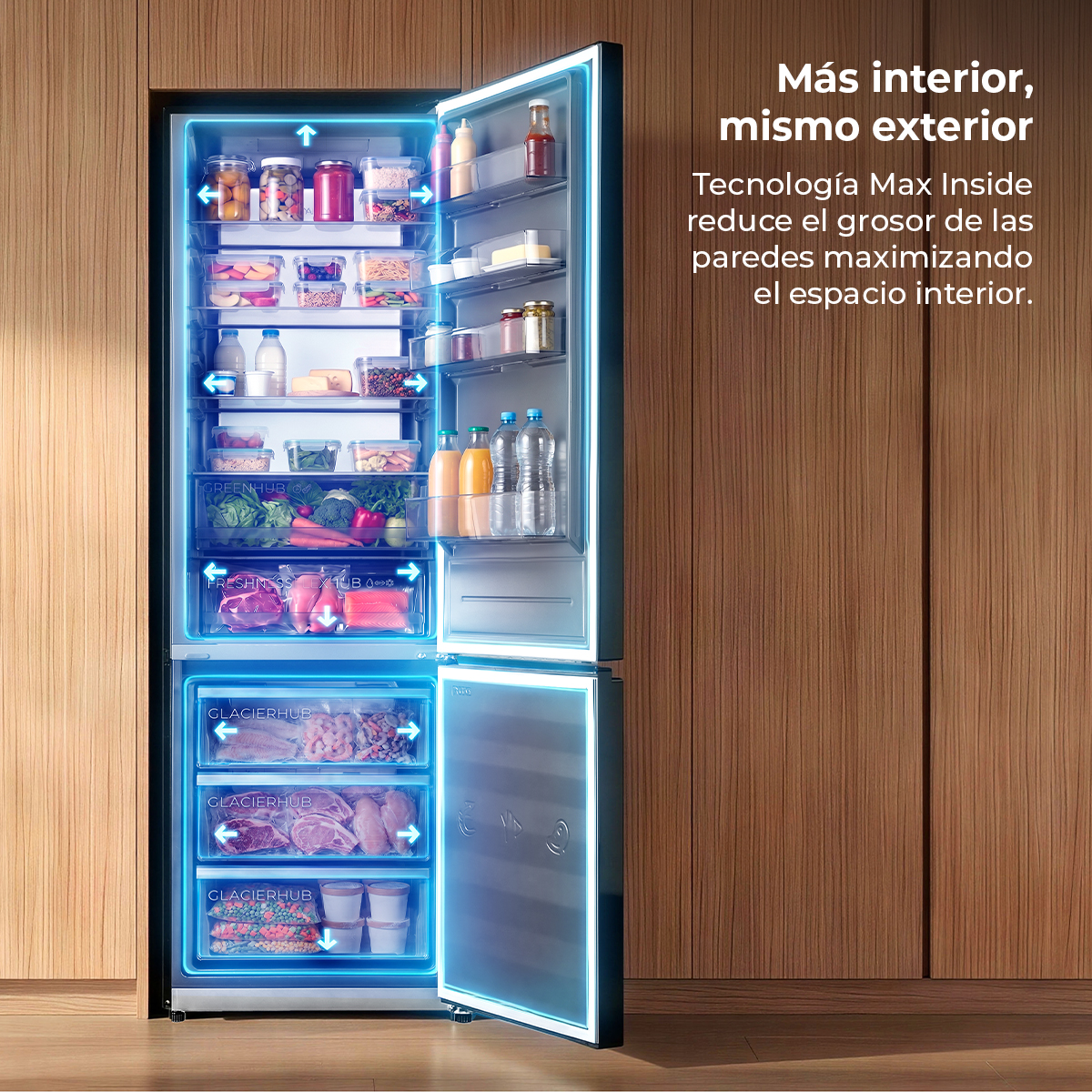 Refrigerador abierto lleno de comida, cajones con luz azul.