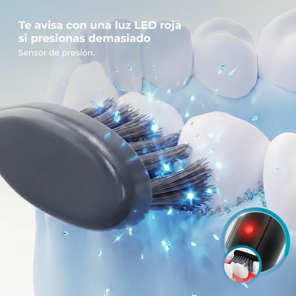 Spazzolino elettrico con sensore di pressione LED rosso in uso sui denti.