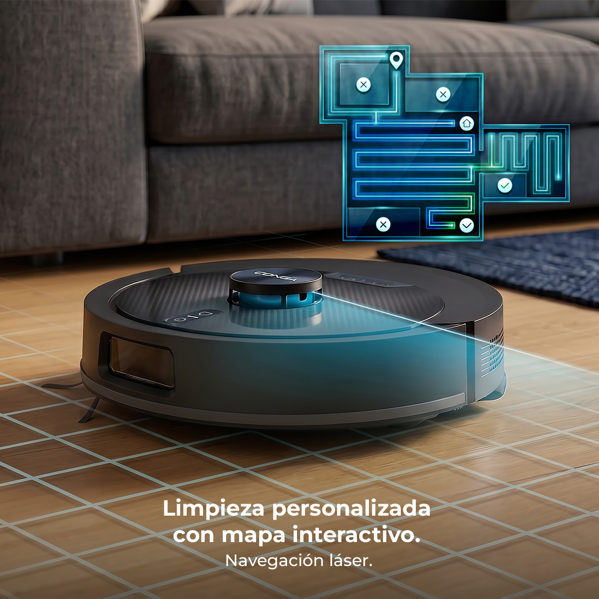 Un robot aspirador con navegación láser y mapa interactivo.