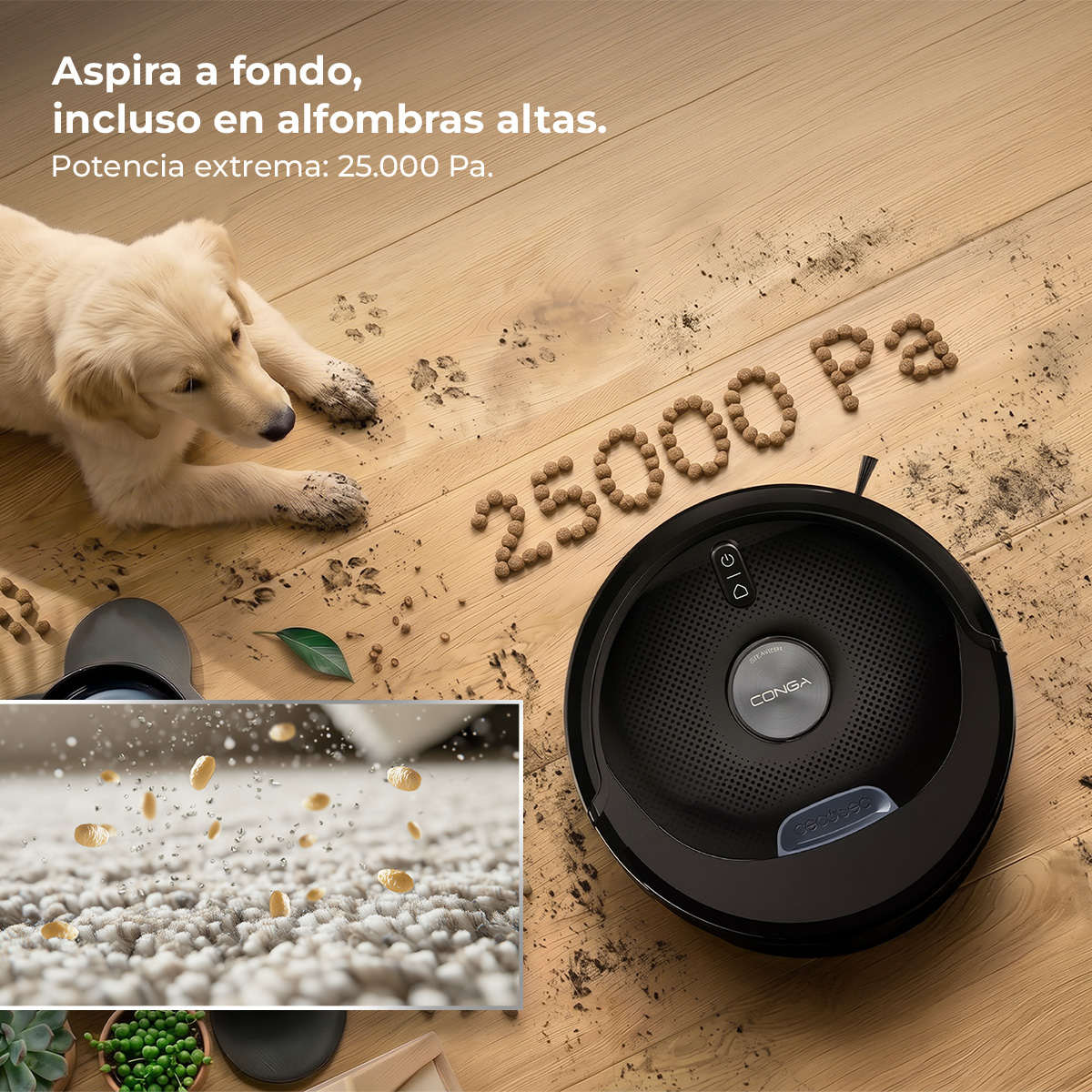 Un perro yace en un suelo de madera sucio junto a un robot aspirador.