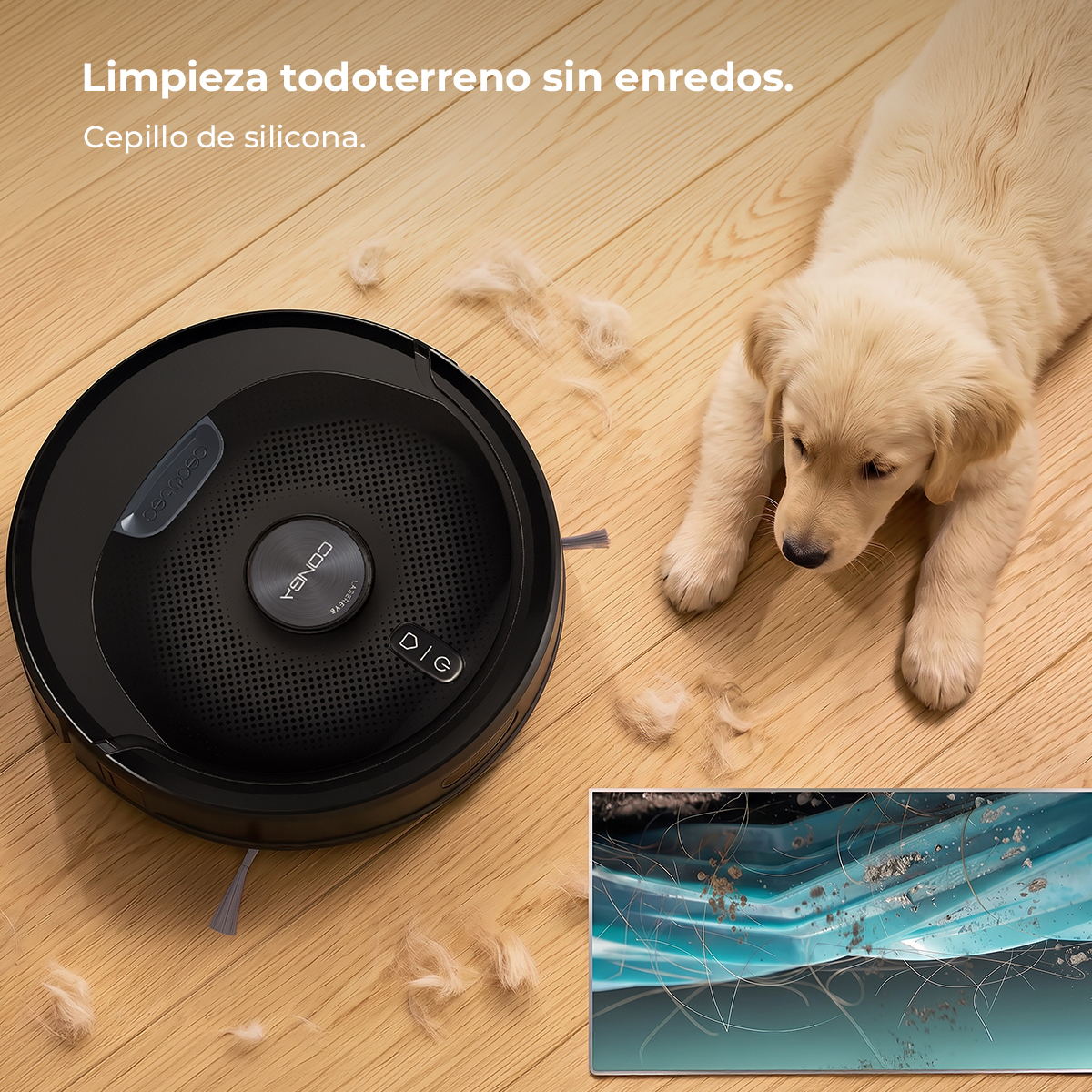 Un robot aspirador en suelo de madera junto a un cachorro con pelo.