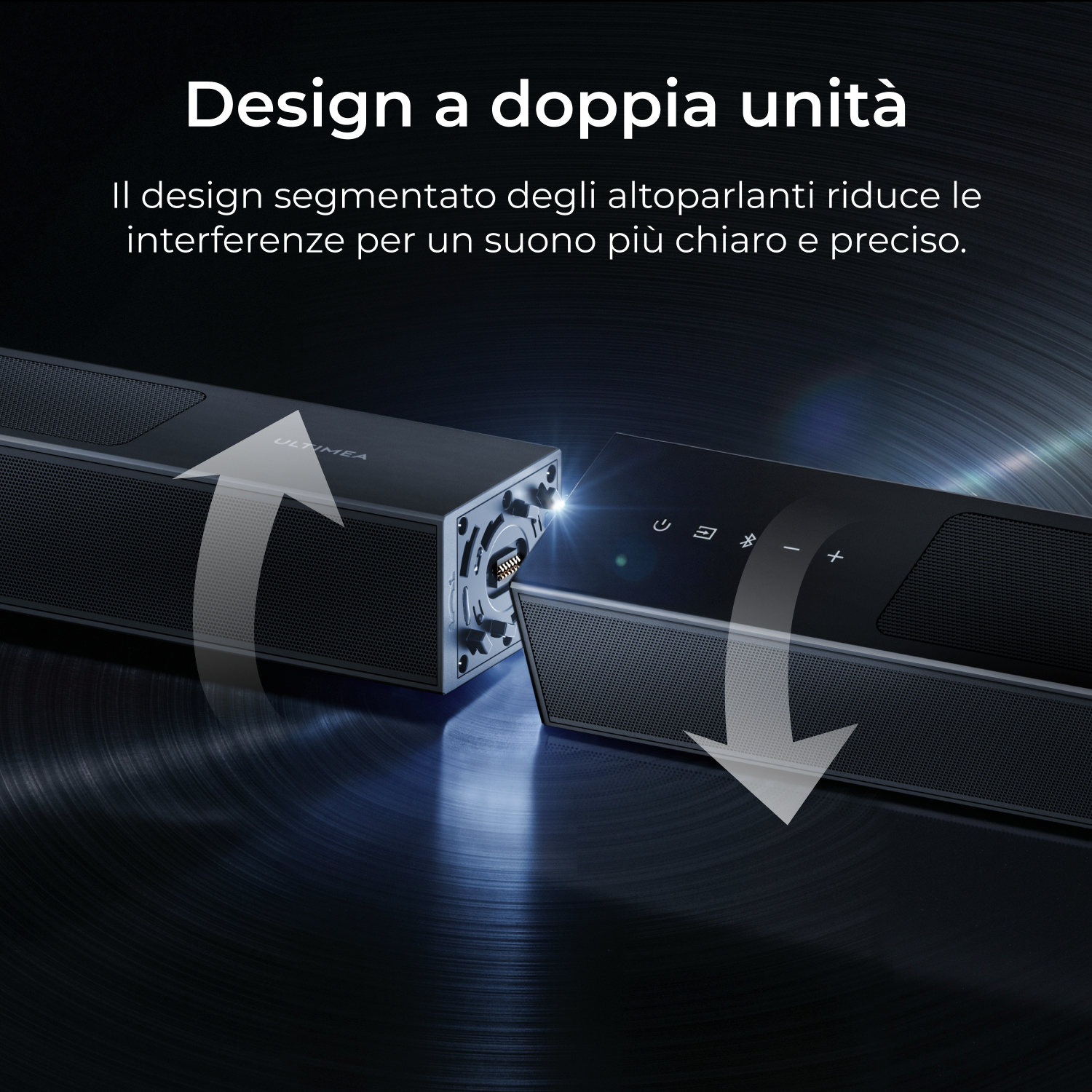 Design a doppia unità: altoparlanti mostrati con frecce che indicano.