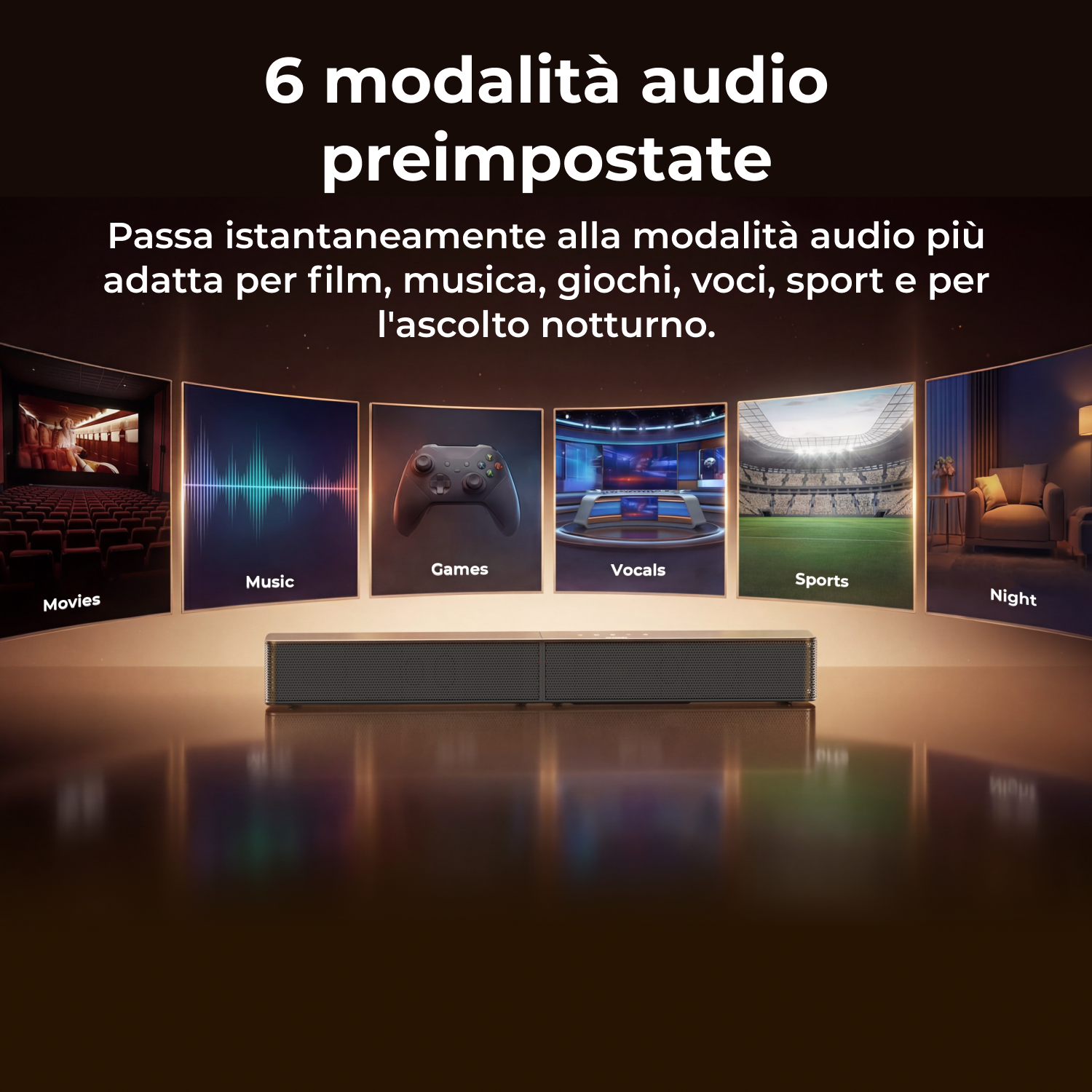 Soundbar con 6 modalità audio: Film, Musica, Giochi, Voci, Sport, Notte.
