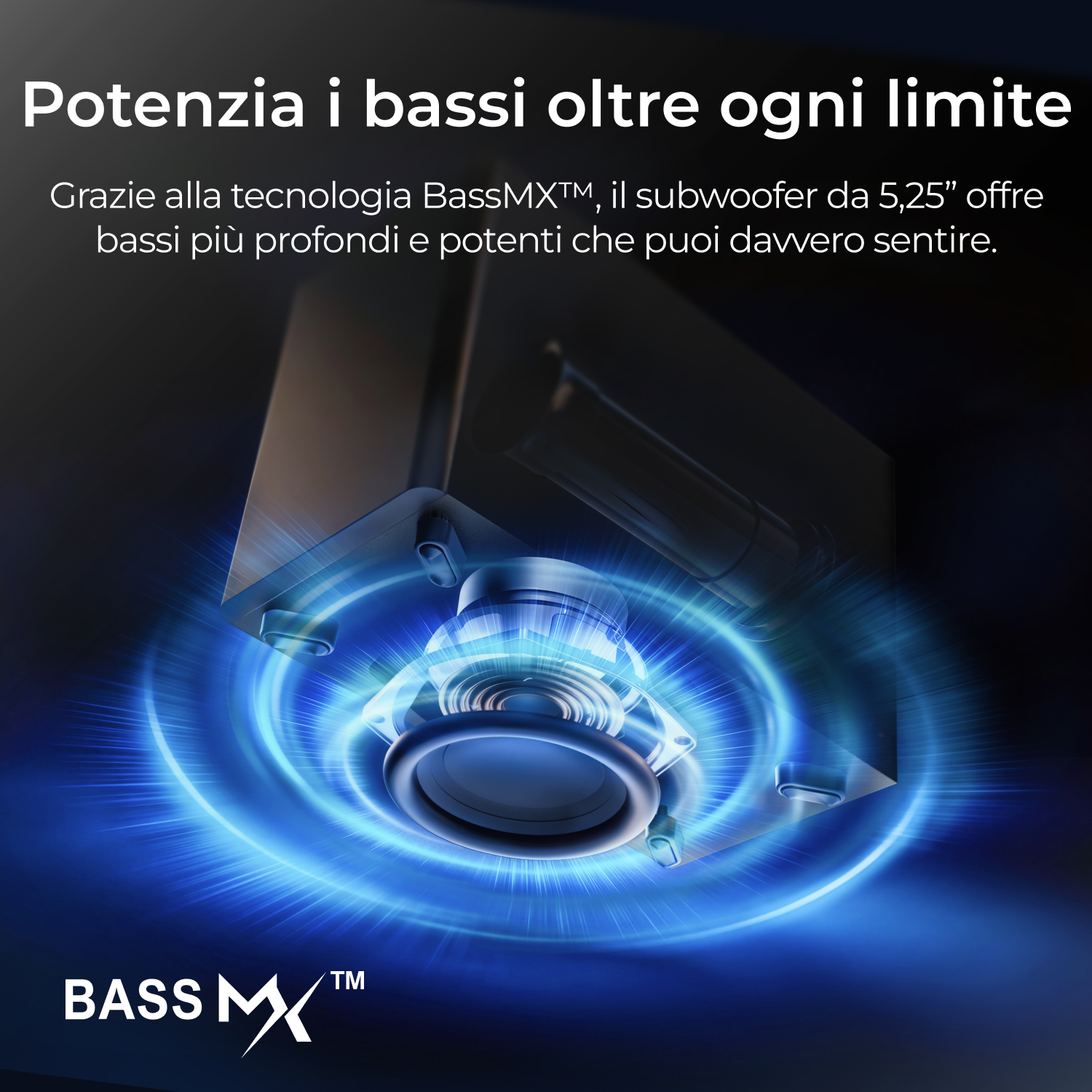 Subwoofer con tecnologia BassMX™ e onde sonore blu