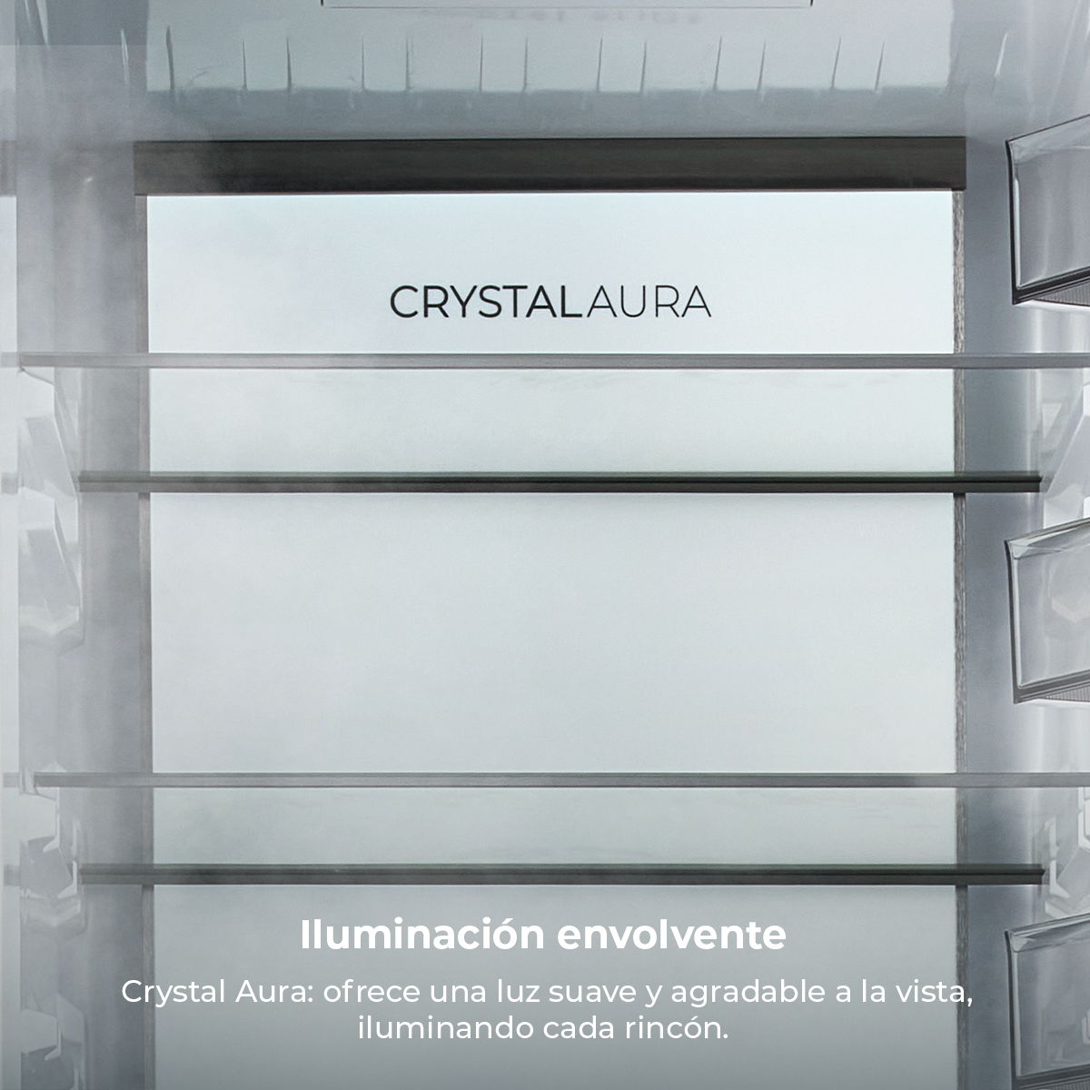 Vista interna di un frigorifero con logo CRYSTALAURA e illuminazione.