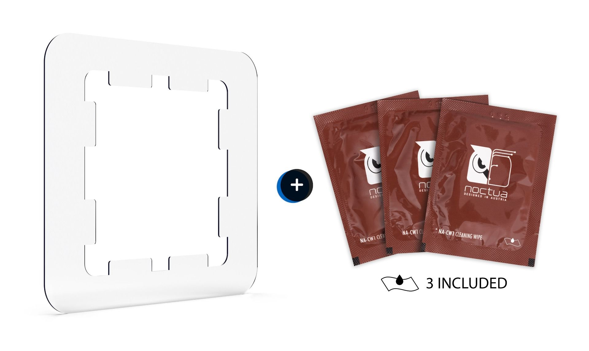 Ein weißer Halter neben drei braunen Päckchen Reinigungstüchern von Noctua.