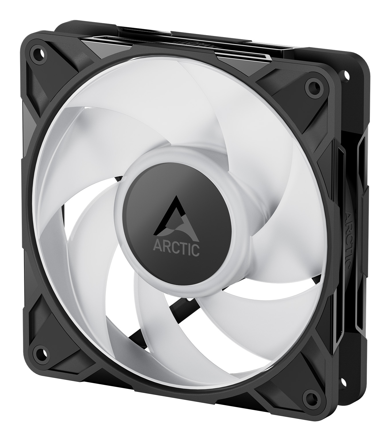 Una ventola per computer nera con pale bianche e mozzo nero con logo Arctic.
