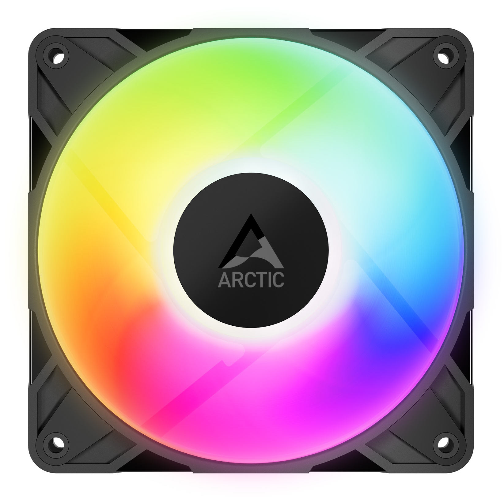 Una ventola nera con logo ARCTIC, illuminata con colori arcobaleno.
