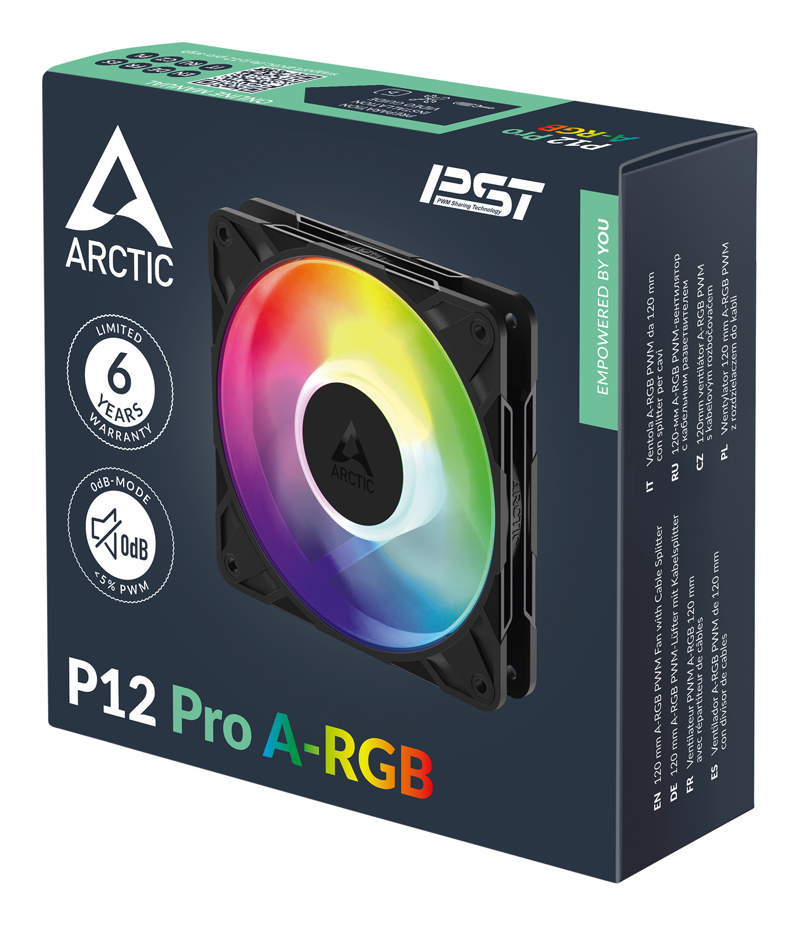 Confezione ventola Arctic P12 Pro A-RGB con illuminazione RGB, 6 anni garanzia.