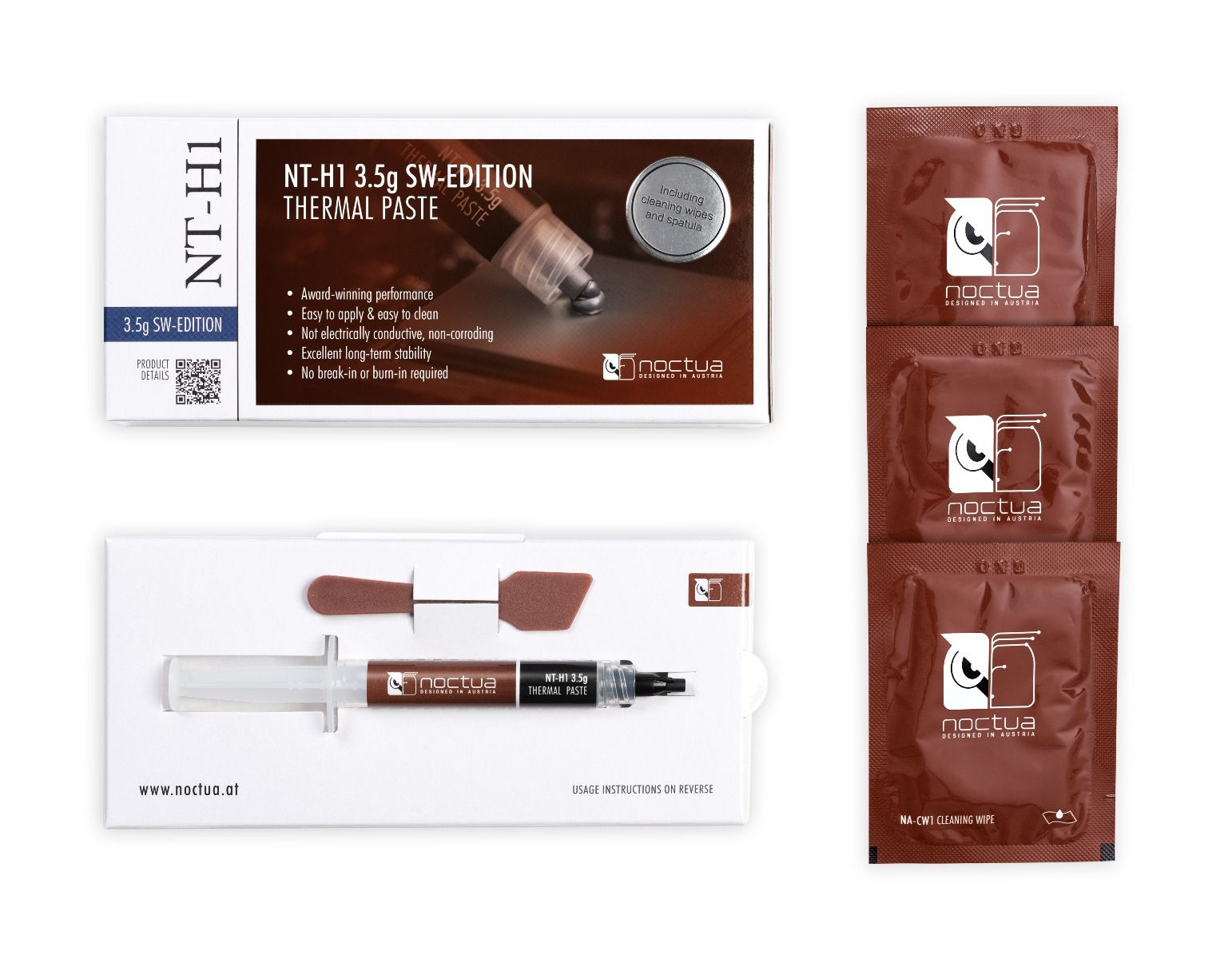 Noctua NT-H1 Thermal Paste 3.5g Packung mit Spritze, Reinigungstüchern und Spatel.