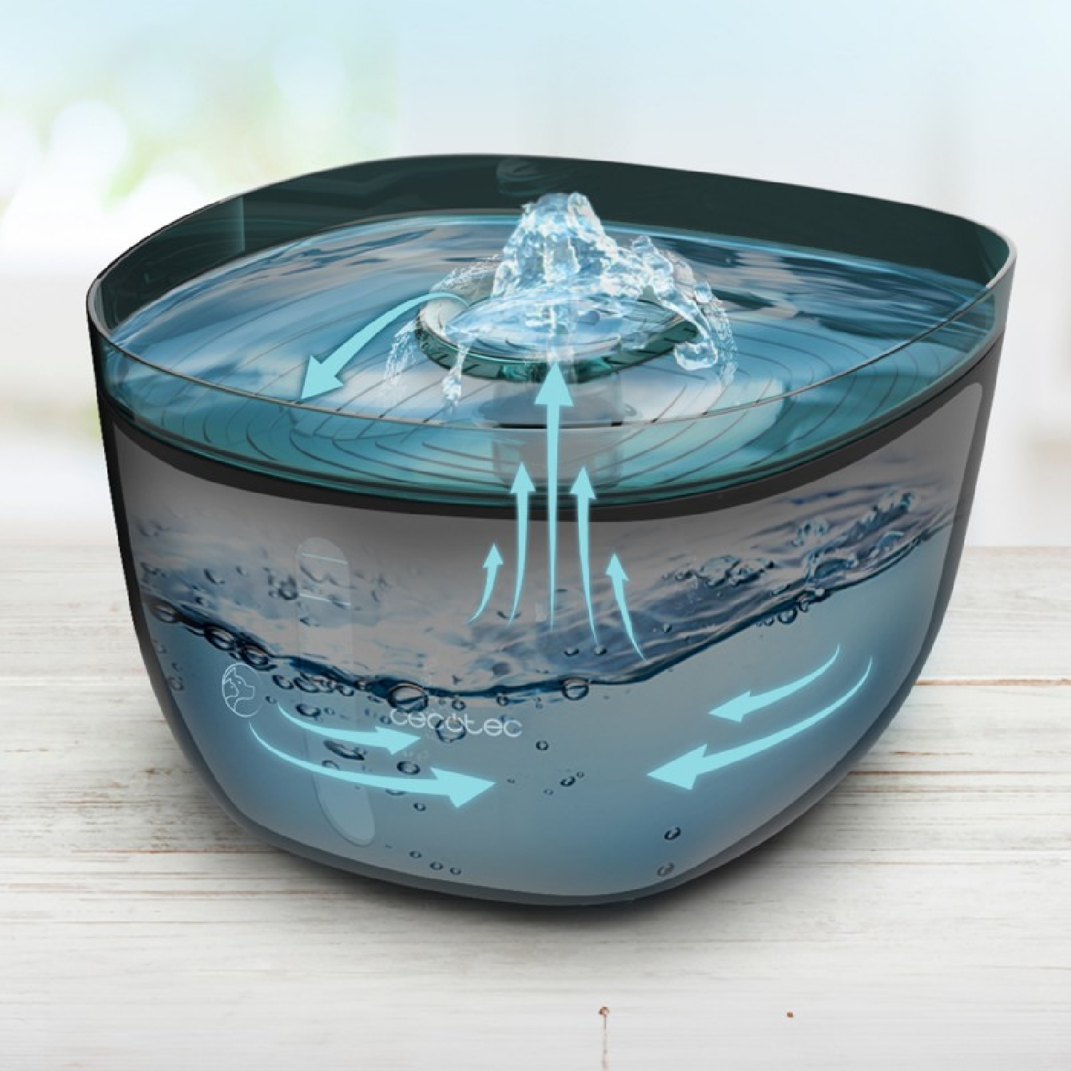 Un dispensador de agua que muestra el flujo de agua con flechas azules.