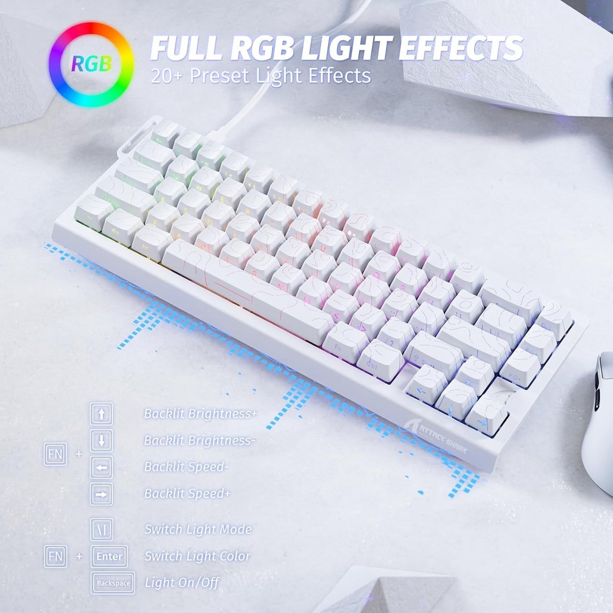 A white RGB mechanical keyboard with various light effects and controls shown.