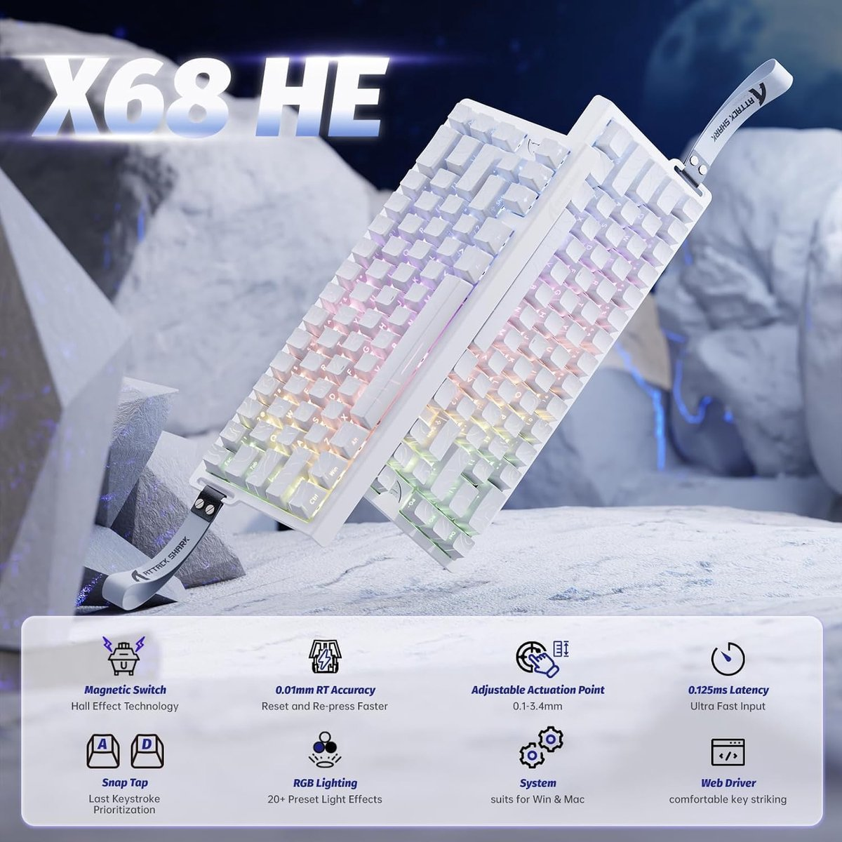 A white mechanical keyboard with RGB lighting rests on an icy, moon-like surface.