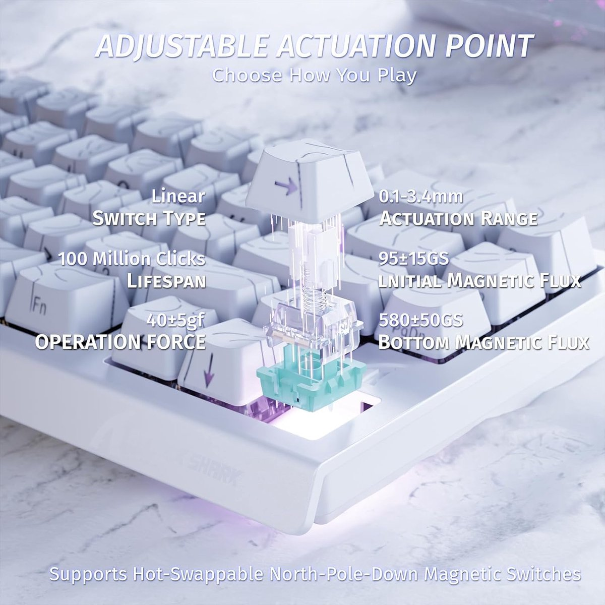 White keyboard with an exposed switch, detailing lifespan and force.