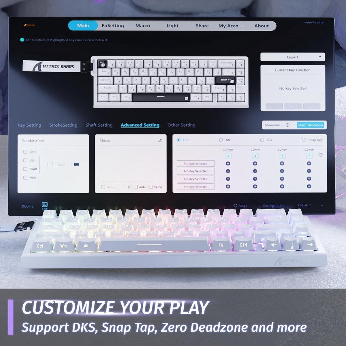 A white mechanical keyboard with RGB lighting and displayed software.
