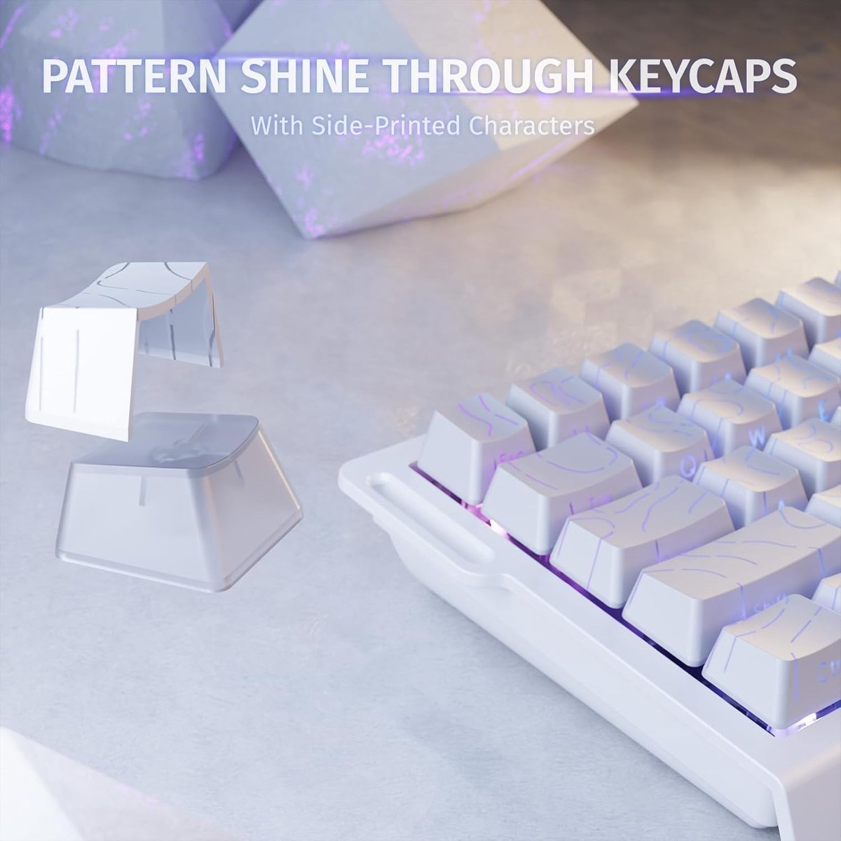 White keyboard with purple glowing side-printed keycaps. Two keycaps float above.