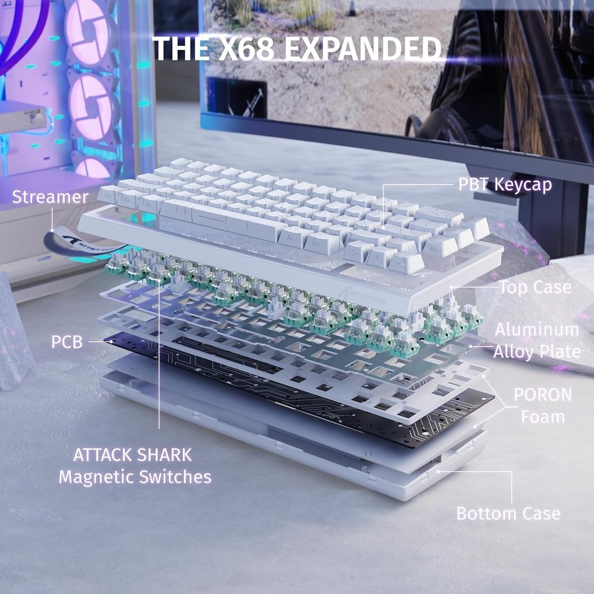 Exploded view of a white mechanical keyboard showing PBT keycaps, PCB, and switches.