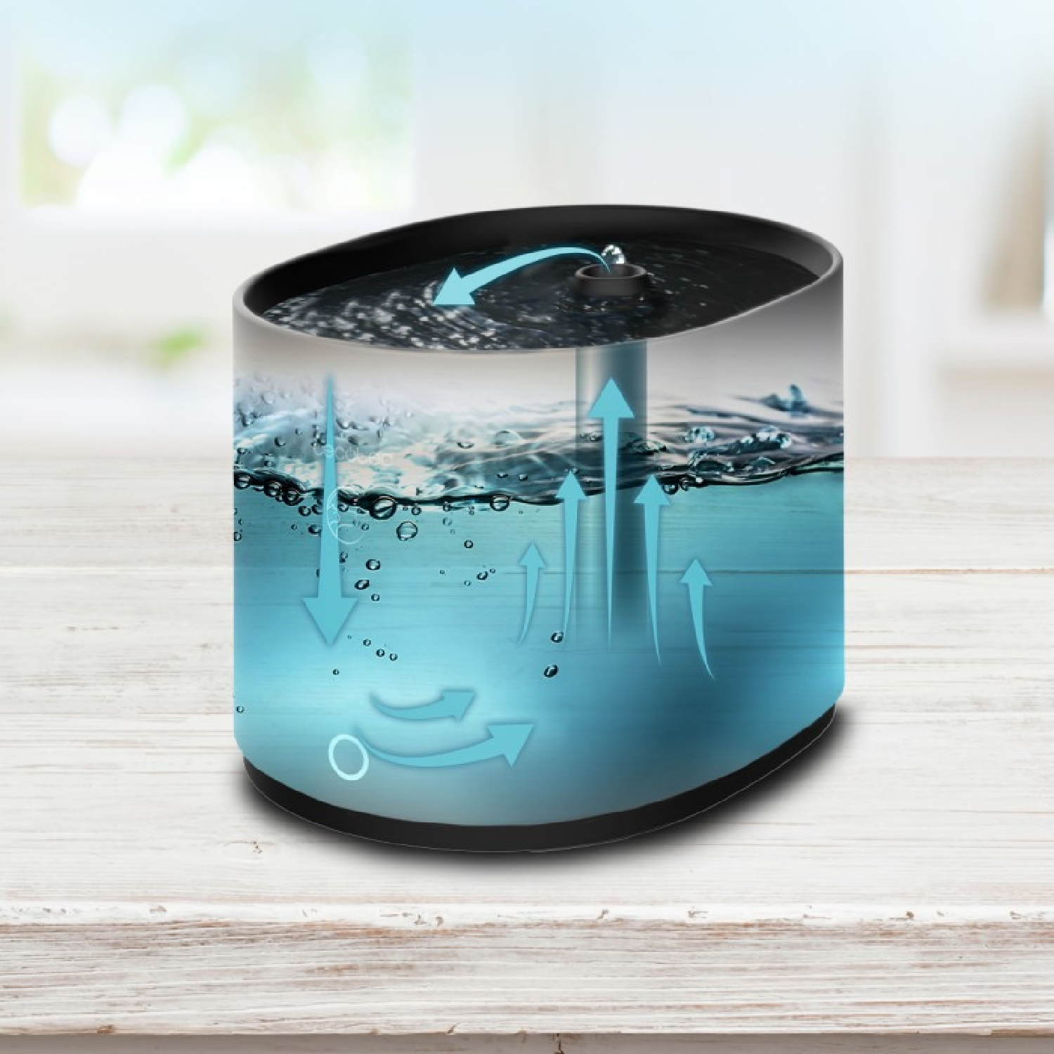 Un difusor de agua con flechas que indican el flujo de agua.
