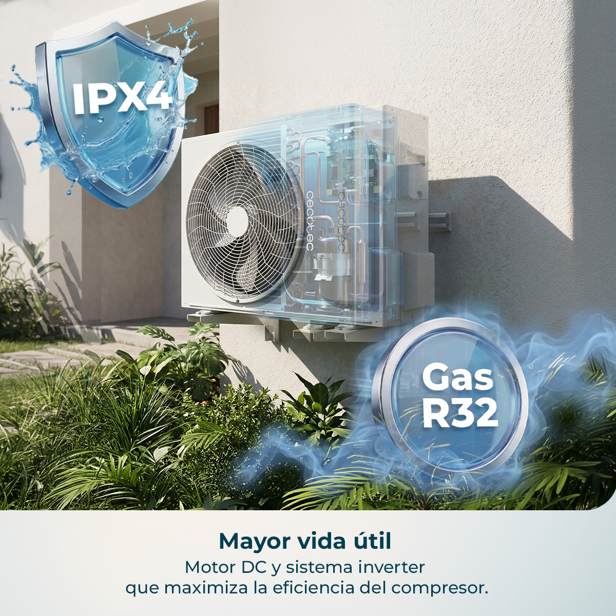 Buitenunit airco met IPX4-bescherming en R32-gas. Groene planten op de voorgrond.