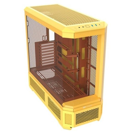 Ein gelbes Computergehäuse mit Glaspaneelen und silbernen Lüftungsgittern.