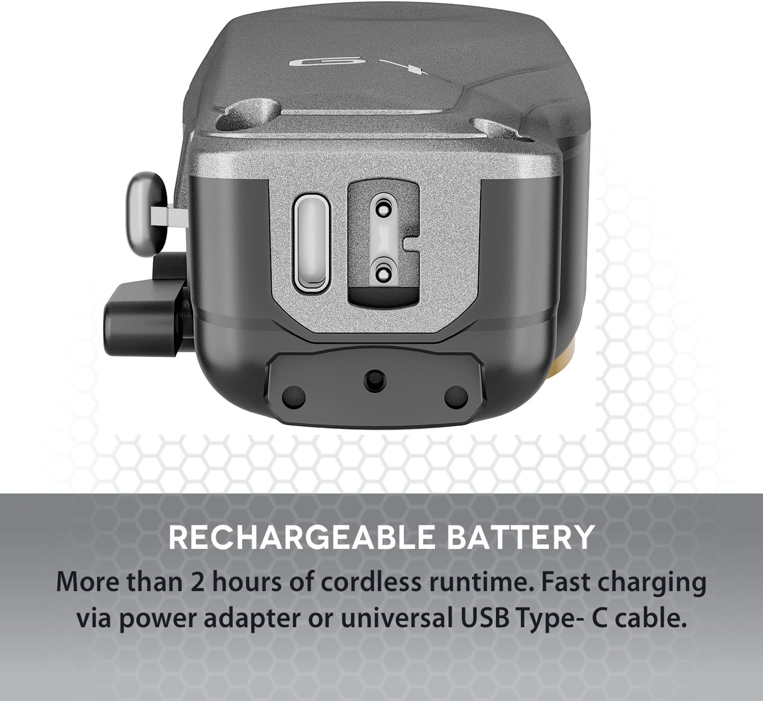 Batteria grigia con porta di ricarica. Oltre 2 ore di autonomia.
