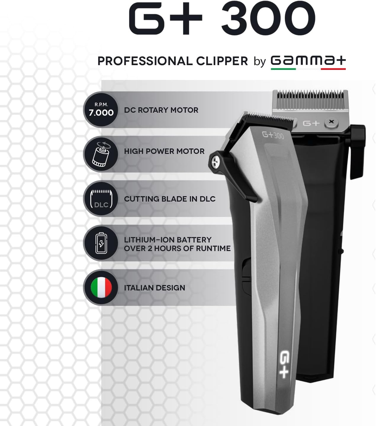 Tagliacapelli professionale Gamma+ G300 con motore DC, lama DLC, batteria 2h, design italiano.