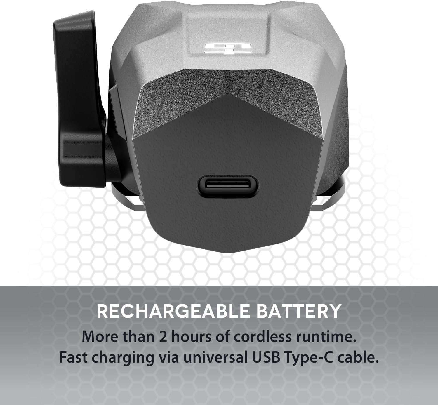 Dispositivo grigio con porta USB-C, testo: Batteria Ricaricabile, oltre 2 ore.