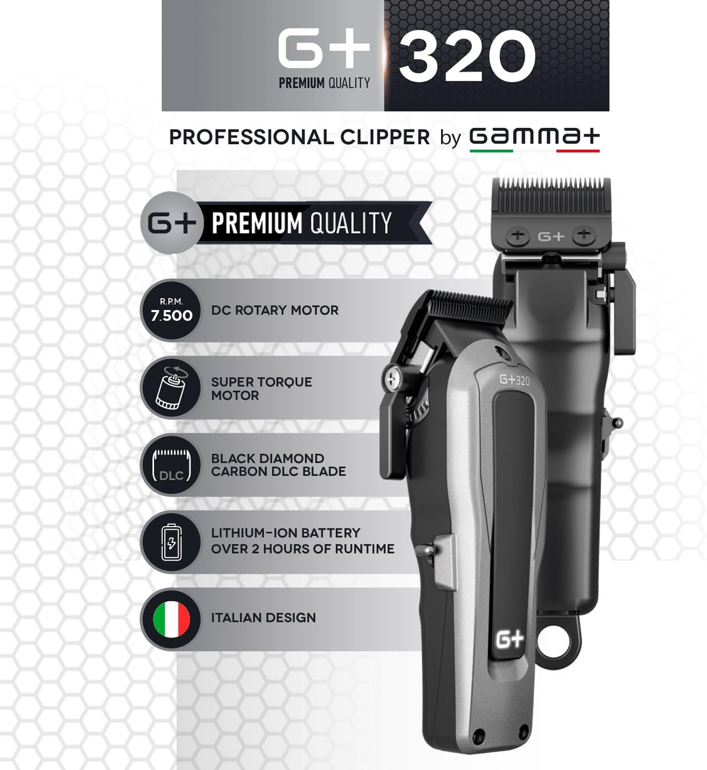 Un tagliacapelli professionale Gamma+ G+ 320 grigio e nero con caratteristiche.