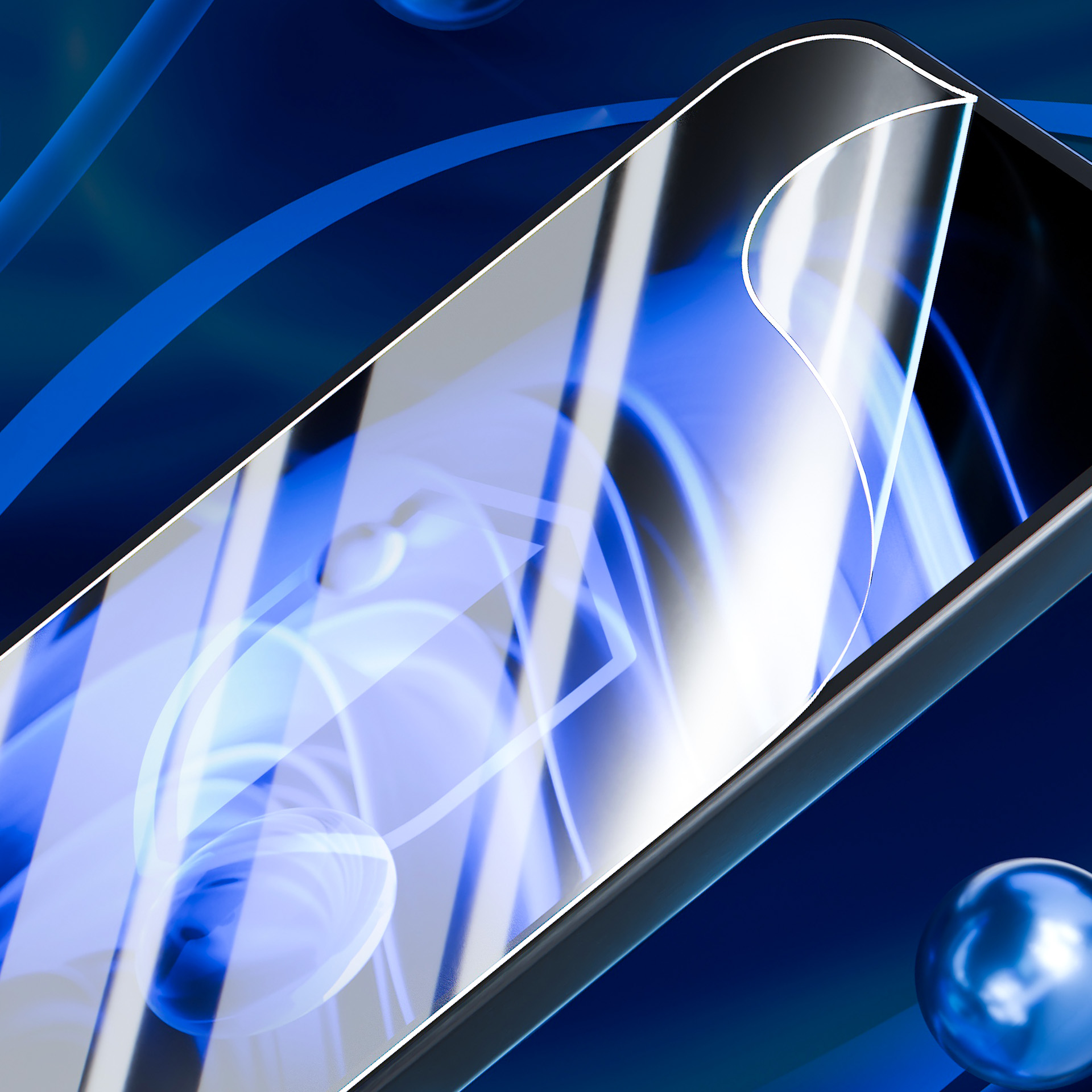 Smartfon z folią ochronną na tle abstrakcyjnego niebieskiego tła z kulami.