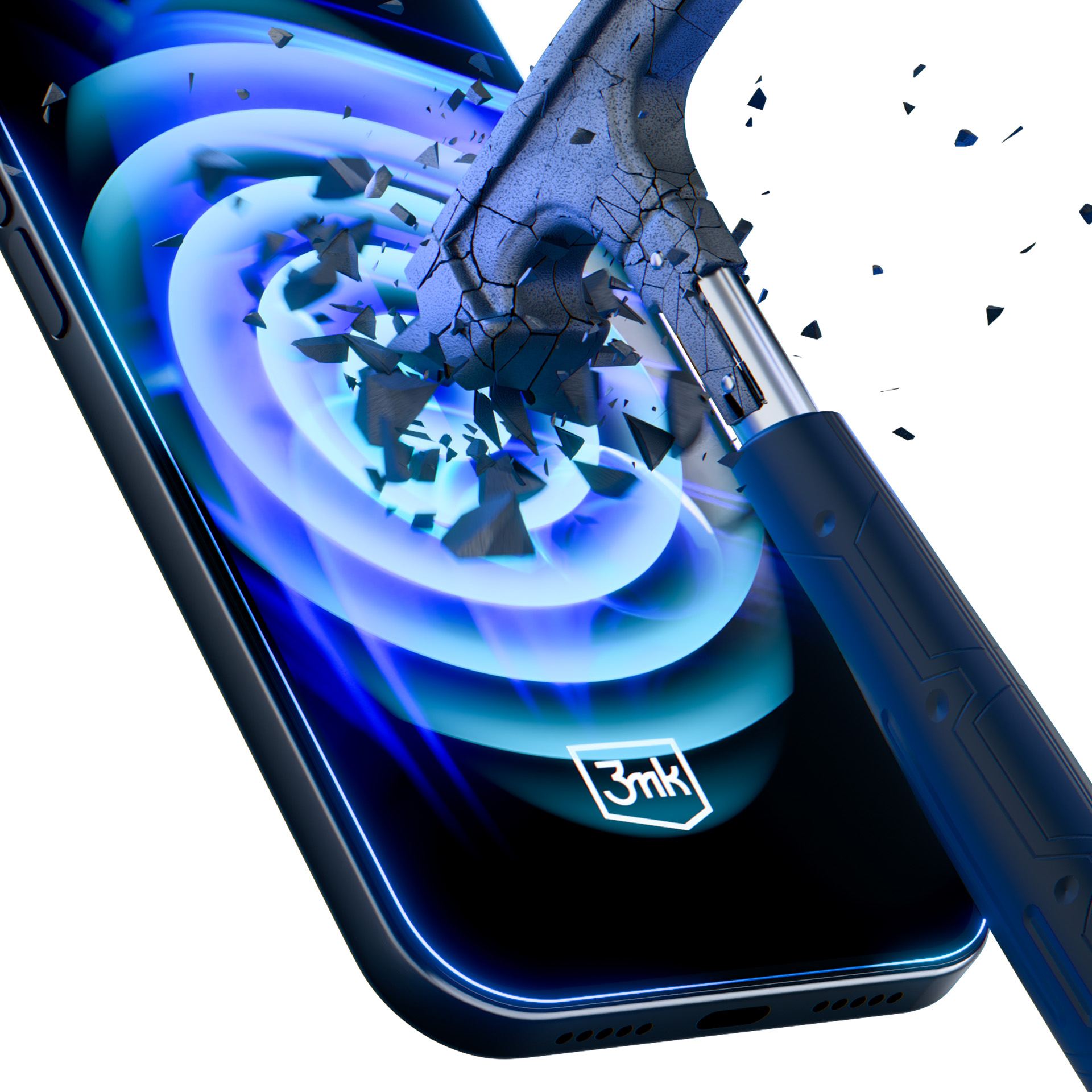 Niebieski młotek rozbija smartfon z niebieską falą na ekranie.