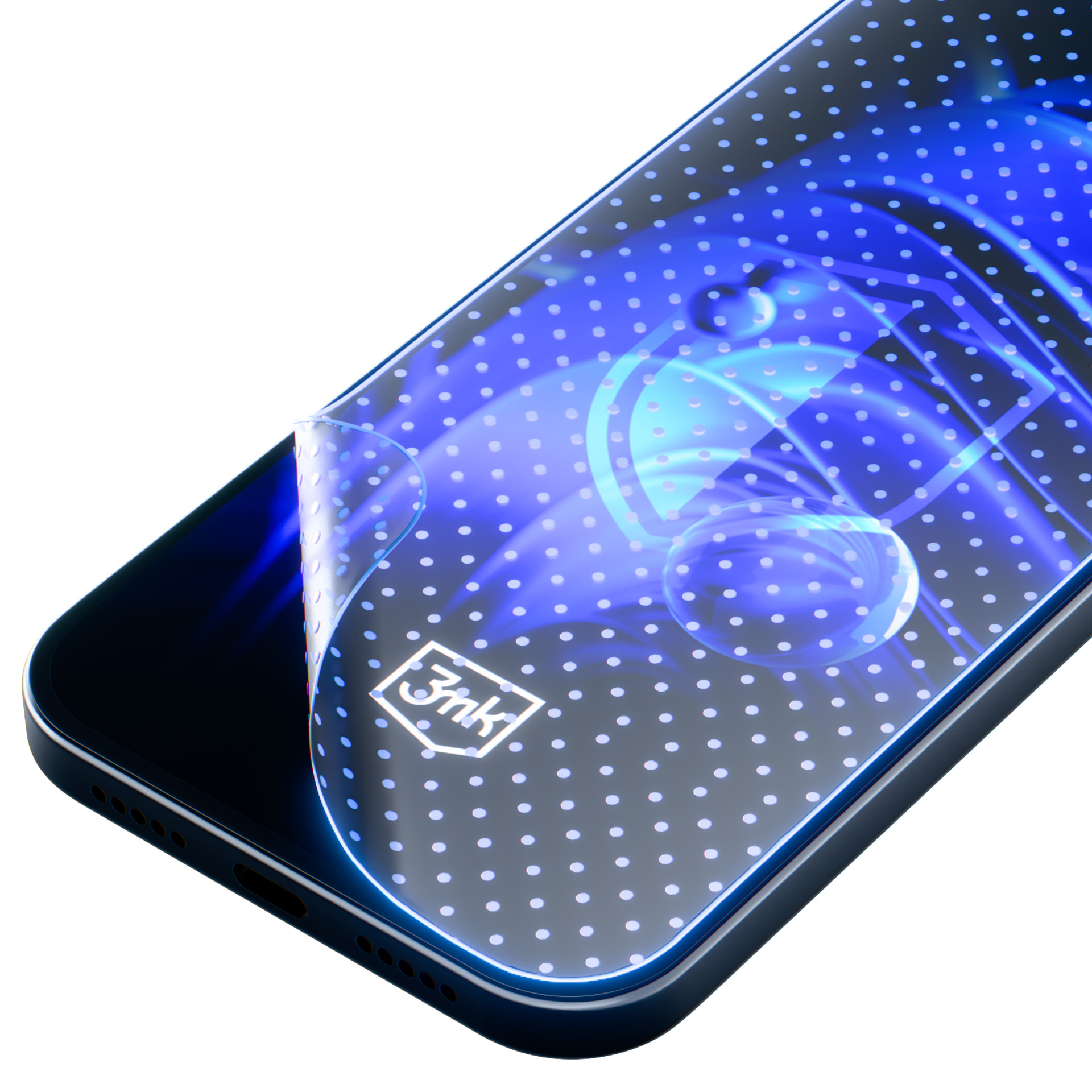 Smartfon z podnoszącą się przezroczystą folią ochronną w rogu.