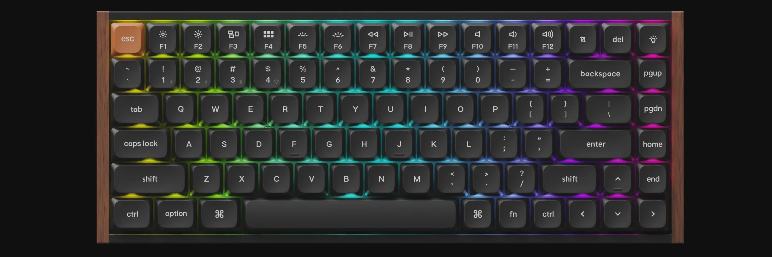 Czarna klawiatura mechaniczna z drewnianą ramką i podświetleniem RGB.
