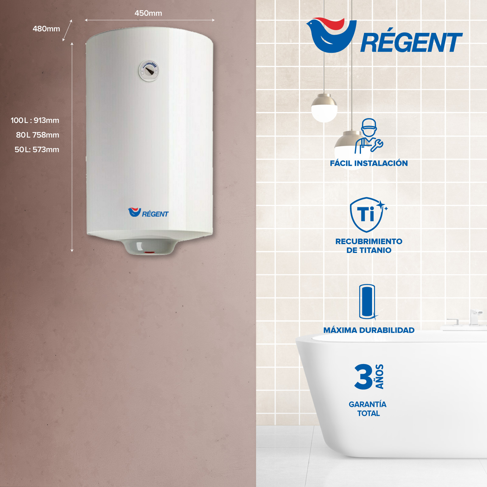 Un calentador de agua blanco con dimensiones y logo. Iconos muestran instalación, titanio.