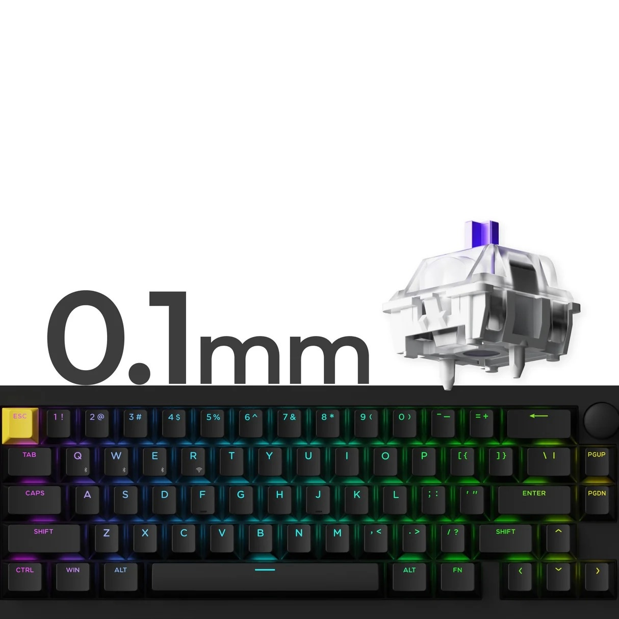 Klawiatura mechaniczna z podświetleniem RGB i widocznym przełącznikiem.