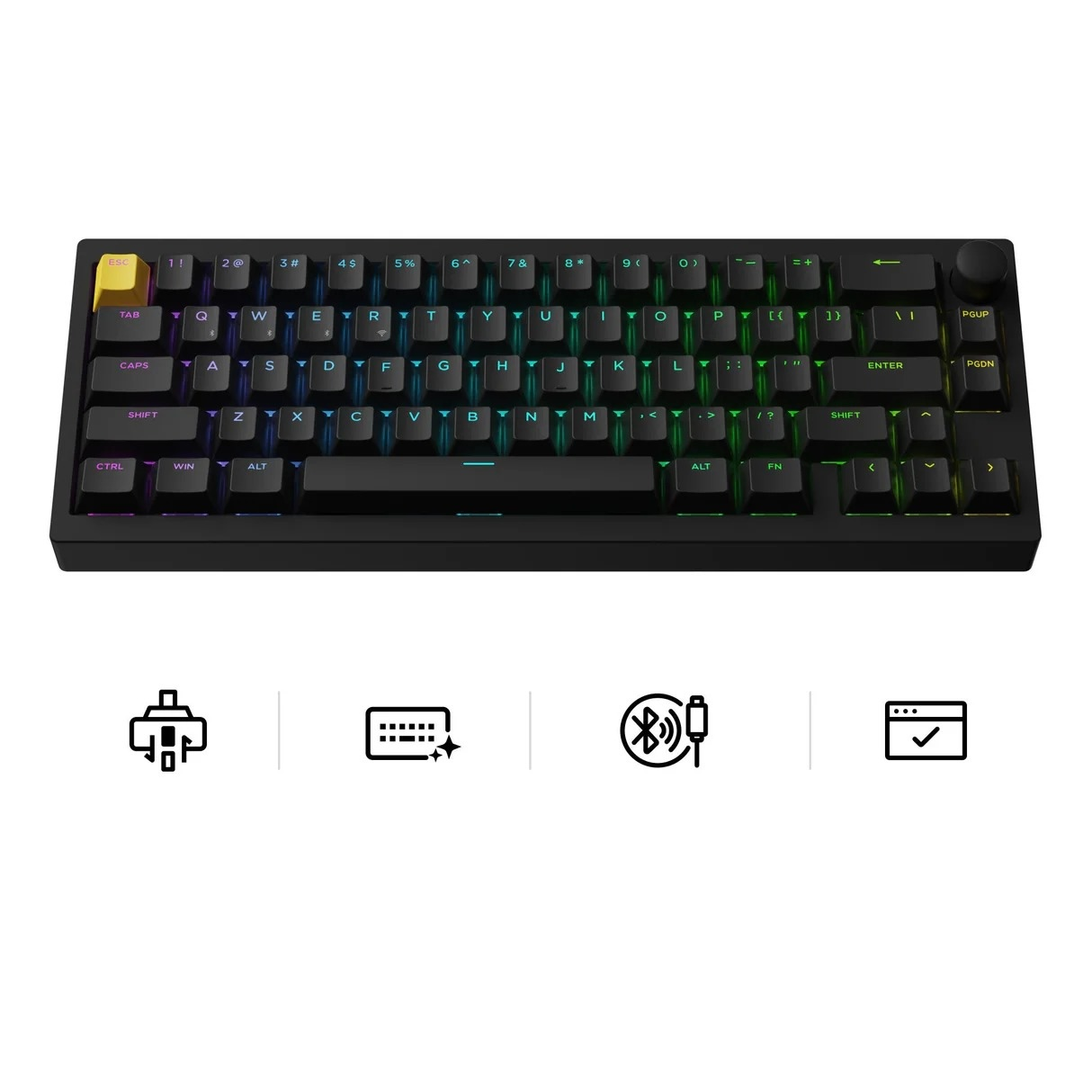 Czarna klawiatura gamingowa z podświetleniem RGB i żółtym klawiszem ESC.