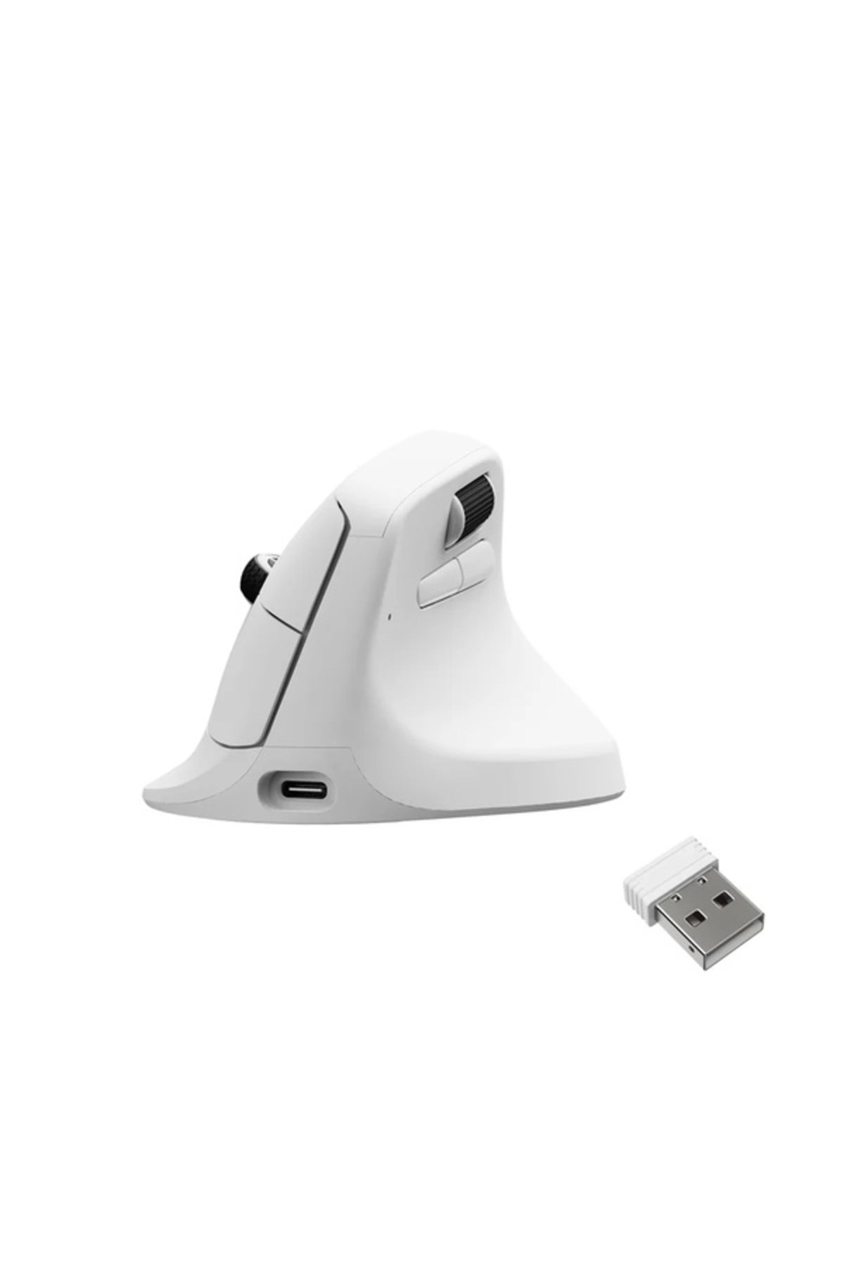 Ergonomik beyaz fare, beyaz zeminde USB dongle ile.