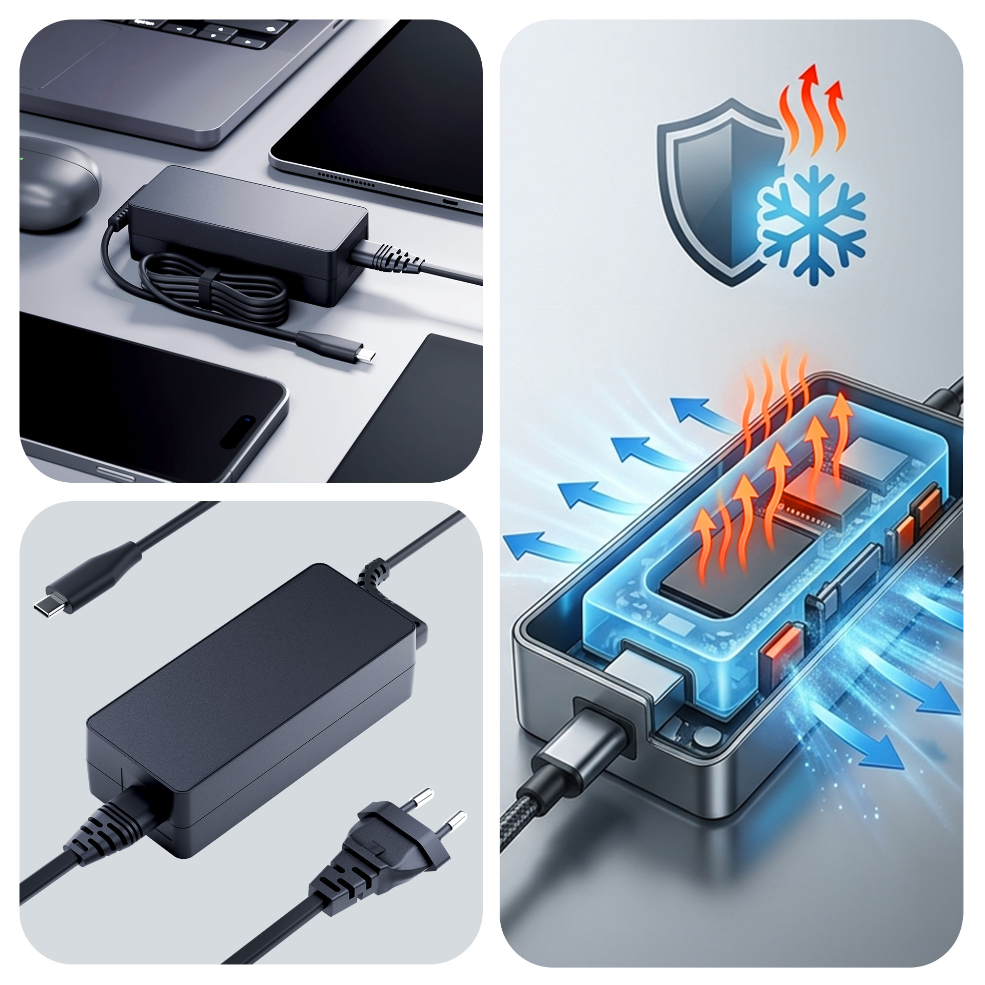 Czarny zasilacz z kablem USB-C, laptopem, tabletem i telefonem.
