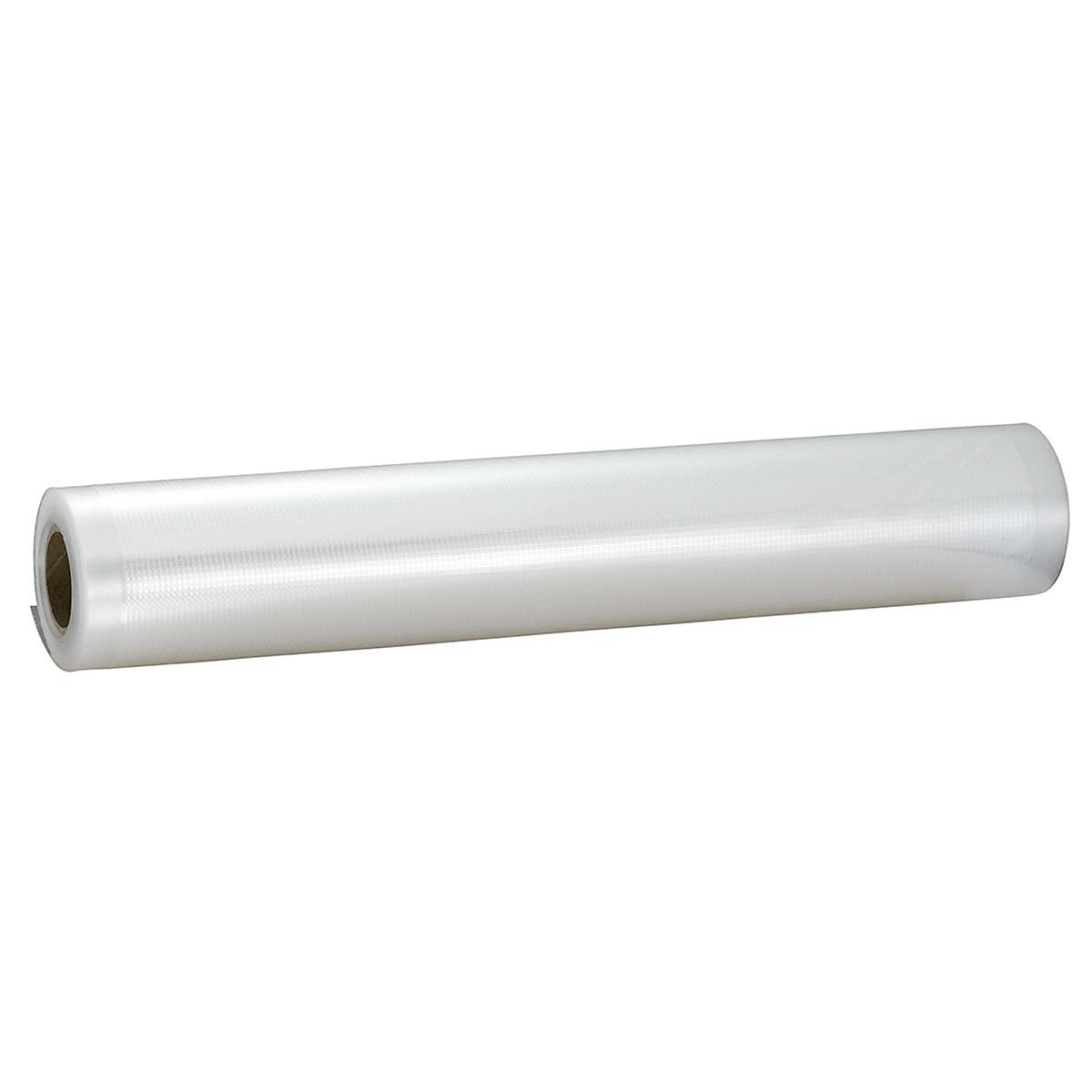 Un rotolo di materiale per sacchetti sottovuoto su sfondo bianco.