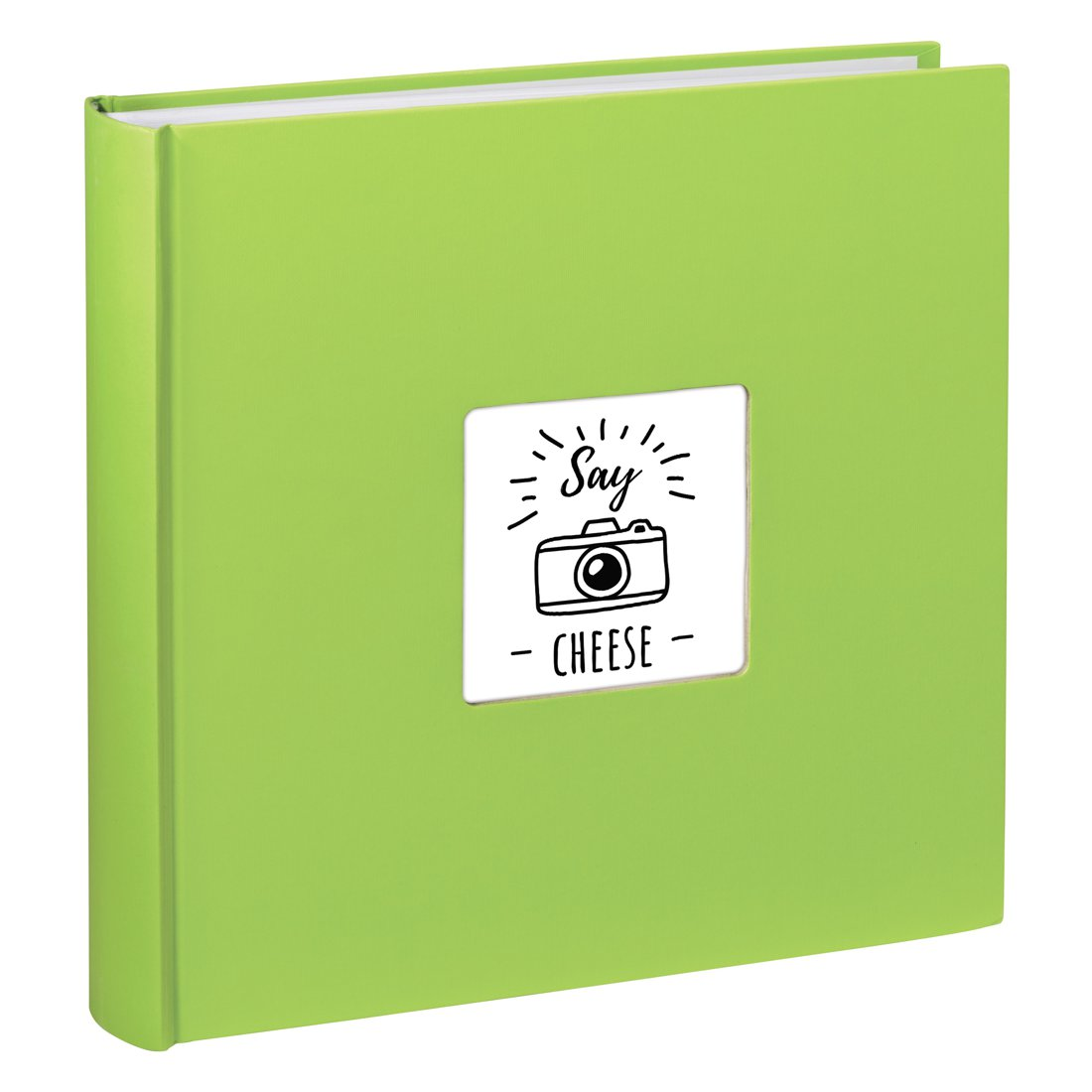 Un album verde chiaro con una grafica "Say Cheese" raffigurante una fotocamera.