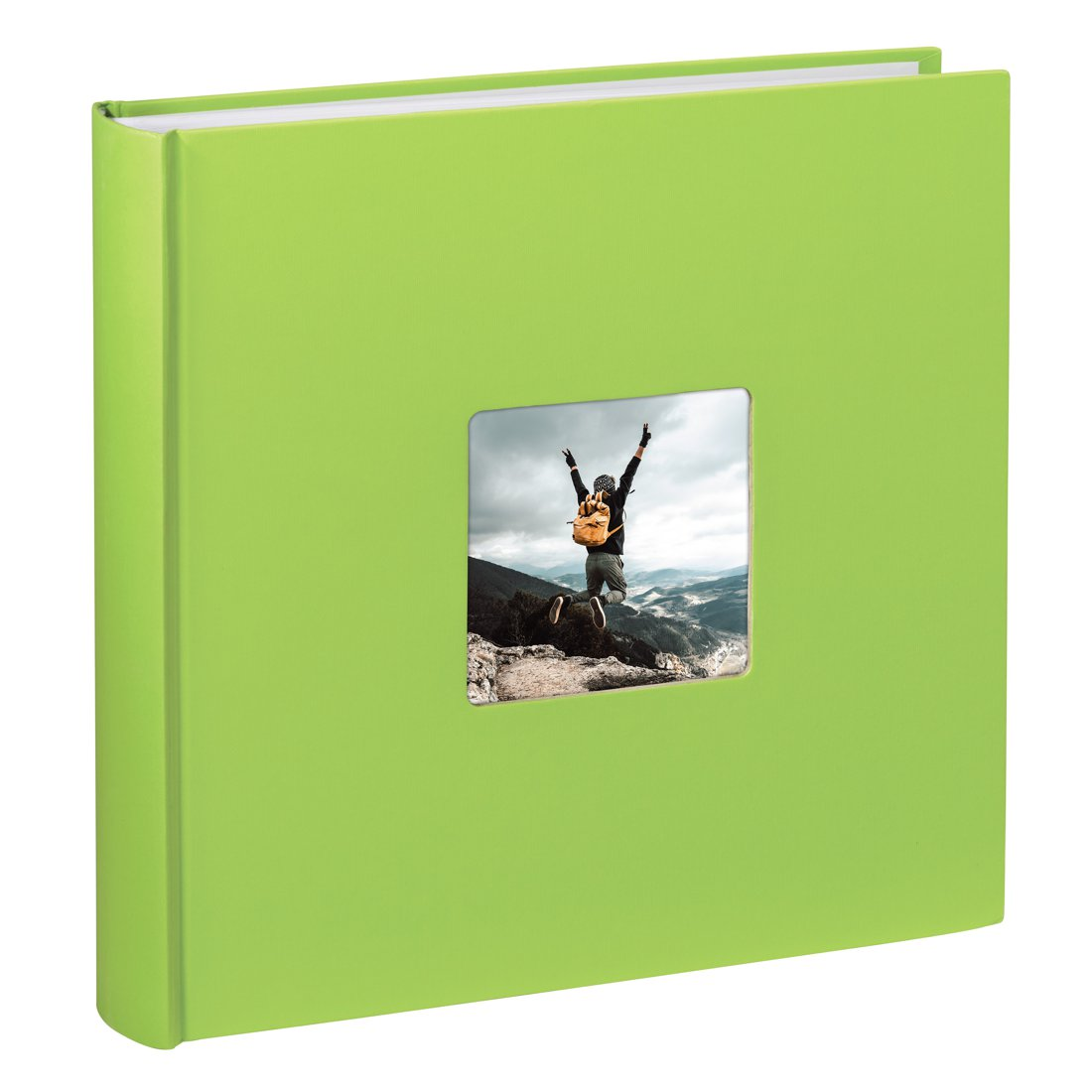 Album verde con finestra che mostra un escursionista che salta.